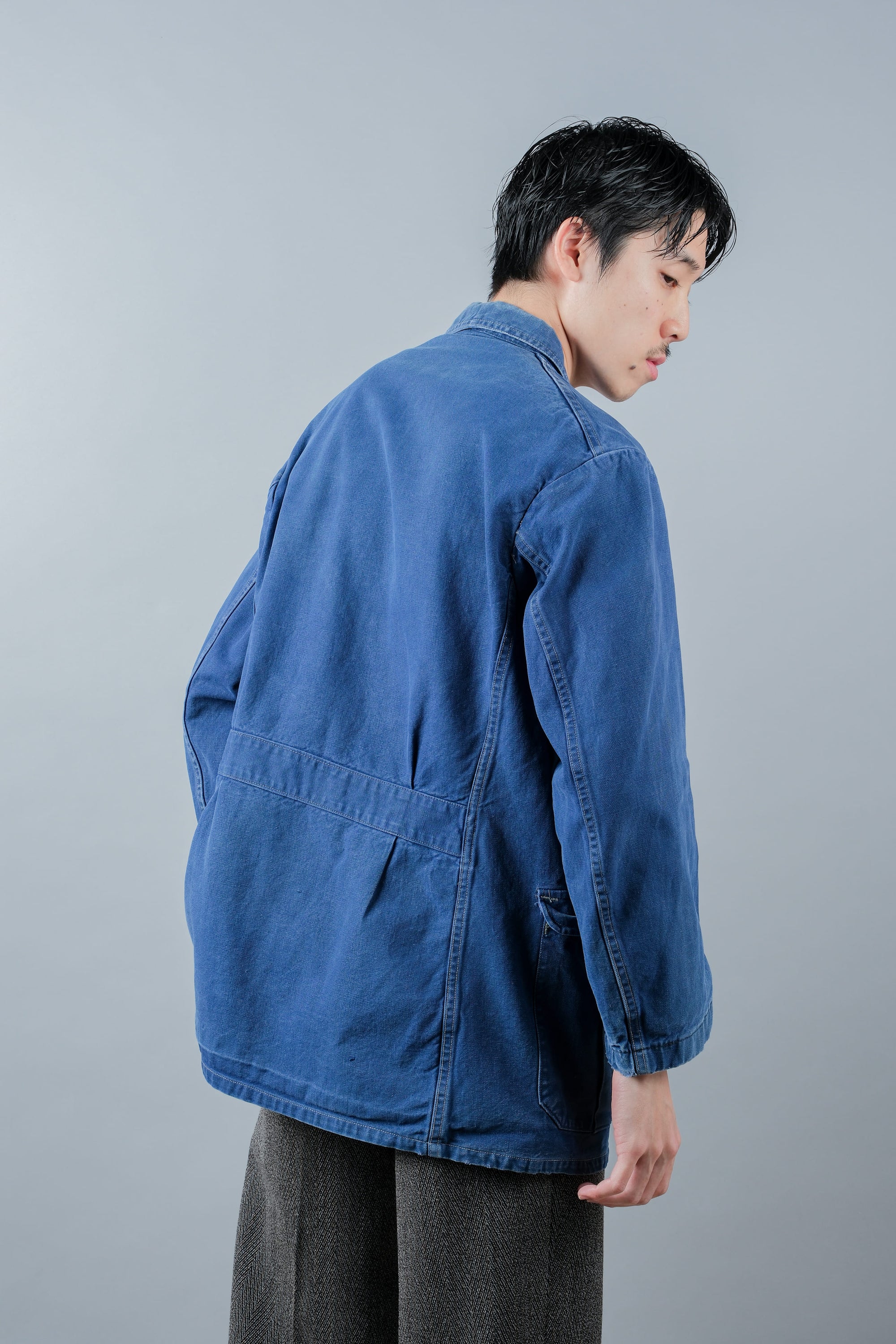 ［~40's］French Vintage Blue Cotton Twill 4 Pockets Lapel Work Jacket