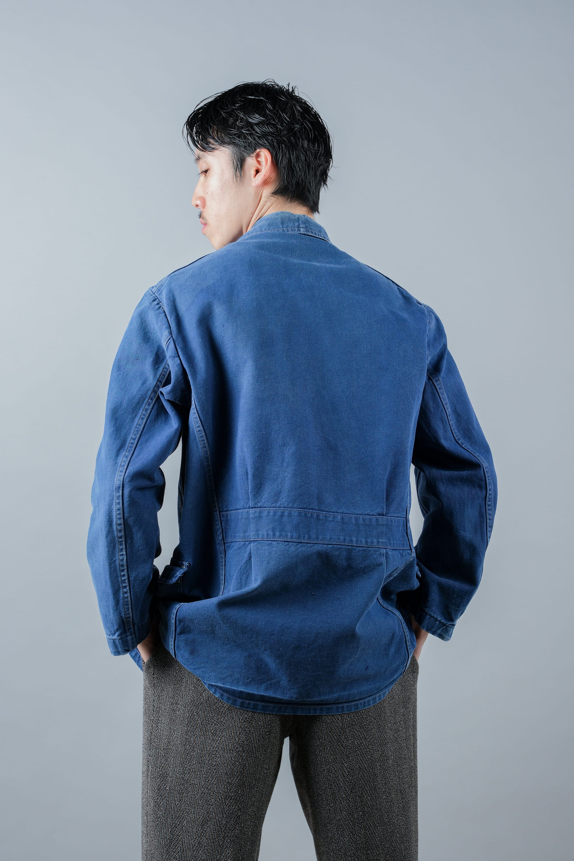 ［~40's］French Vintage Blue Cotton Twill 4 Pockets Lapel Work Jacket