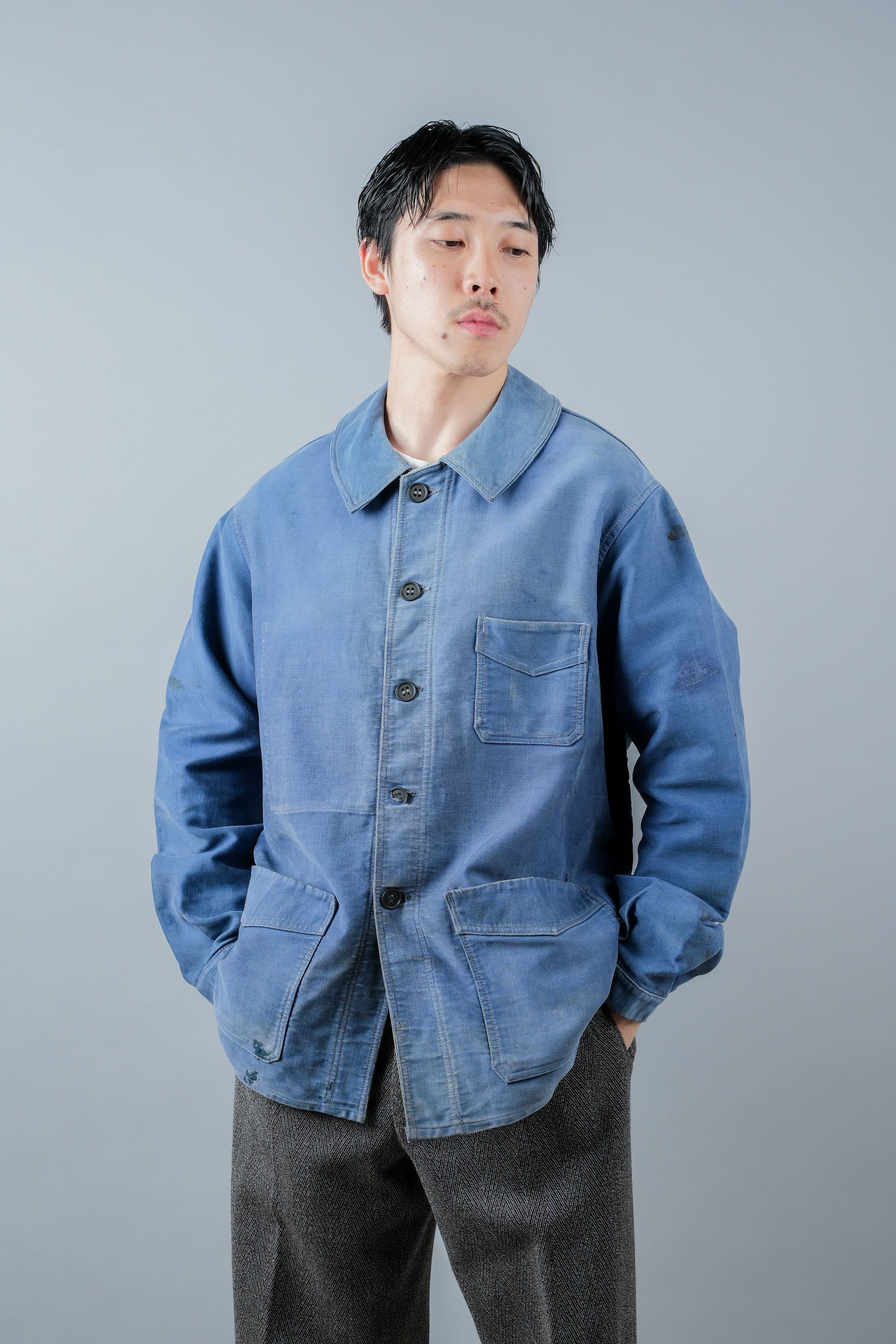 ［~50’s］French Vintage Blue Moleskin Work Jacket "Le Mont St. Michel"
