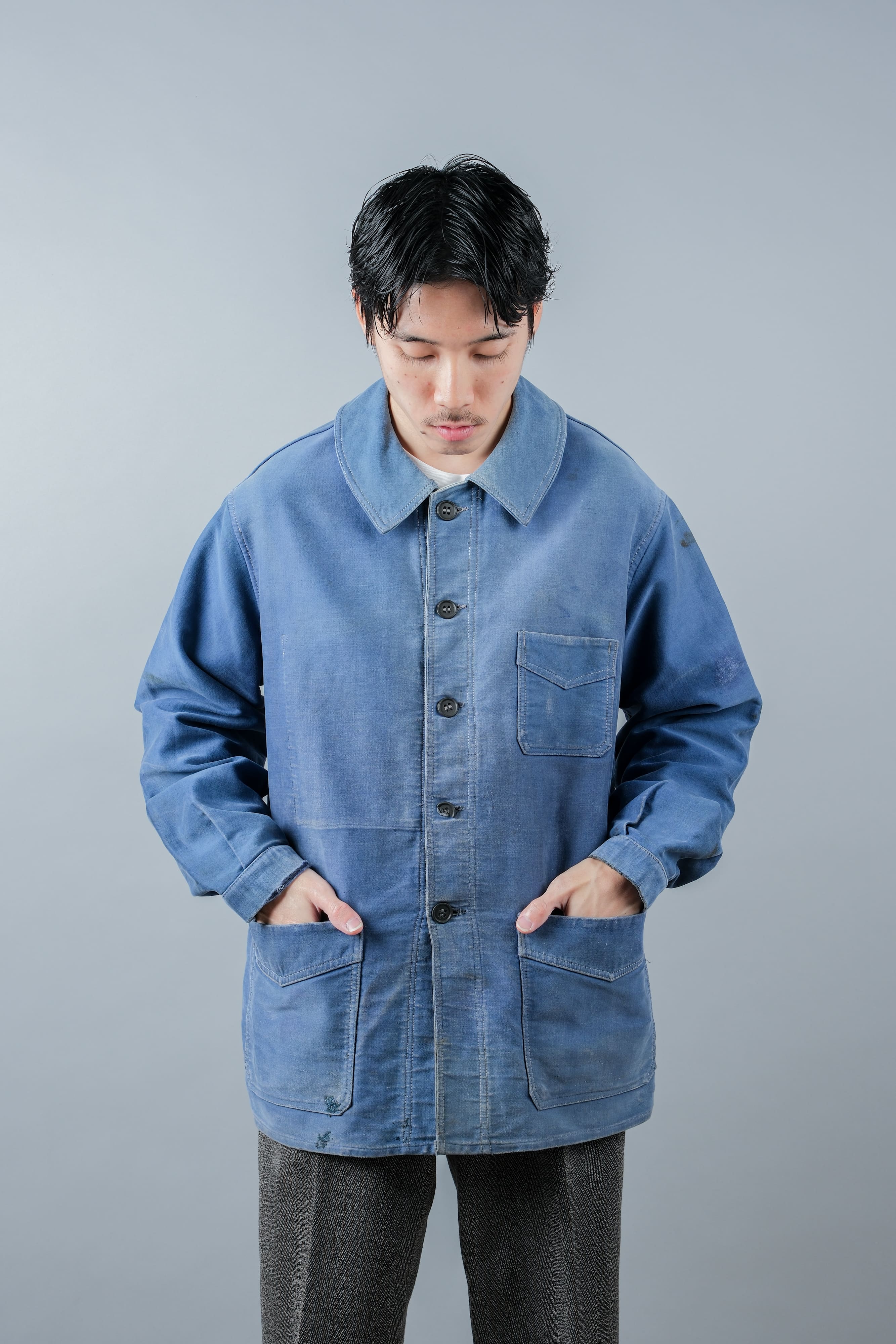 【~50’s】French Vintage Blue Moleskin Work Jacket "Le Mont St. Michel"