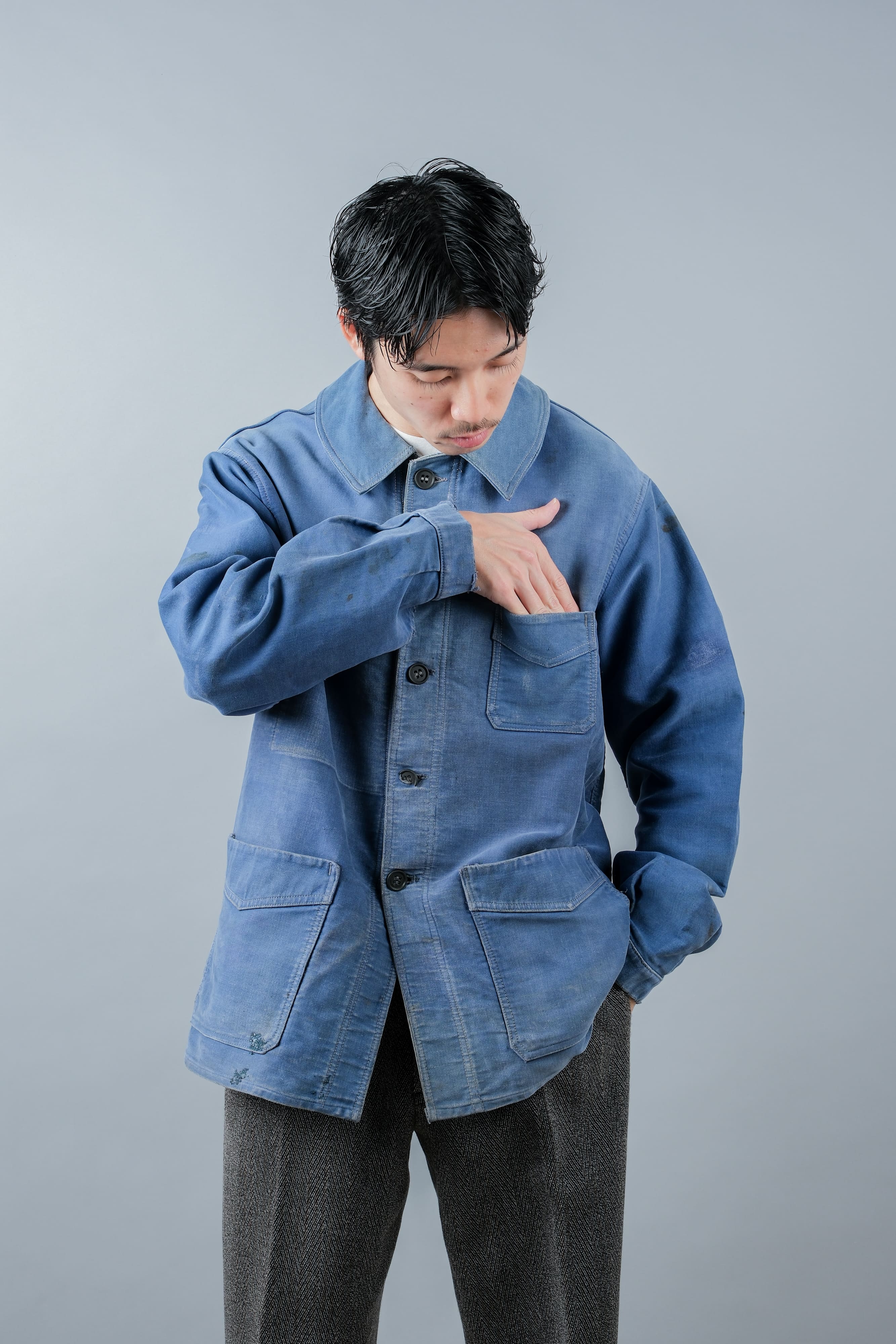 【~50’s】French Vintage Blue Moleskin Work Jacket "Le Mont St. Michel"