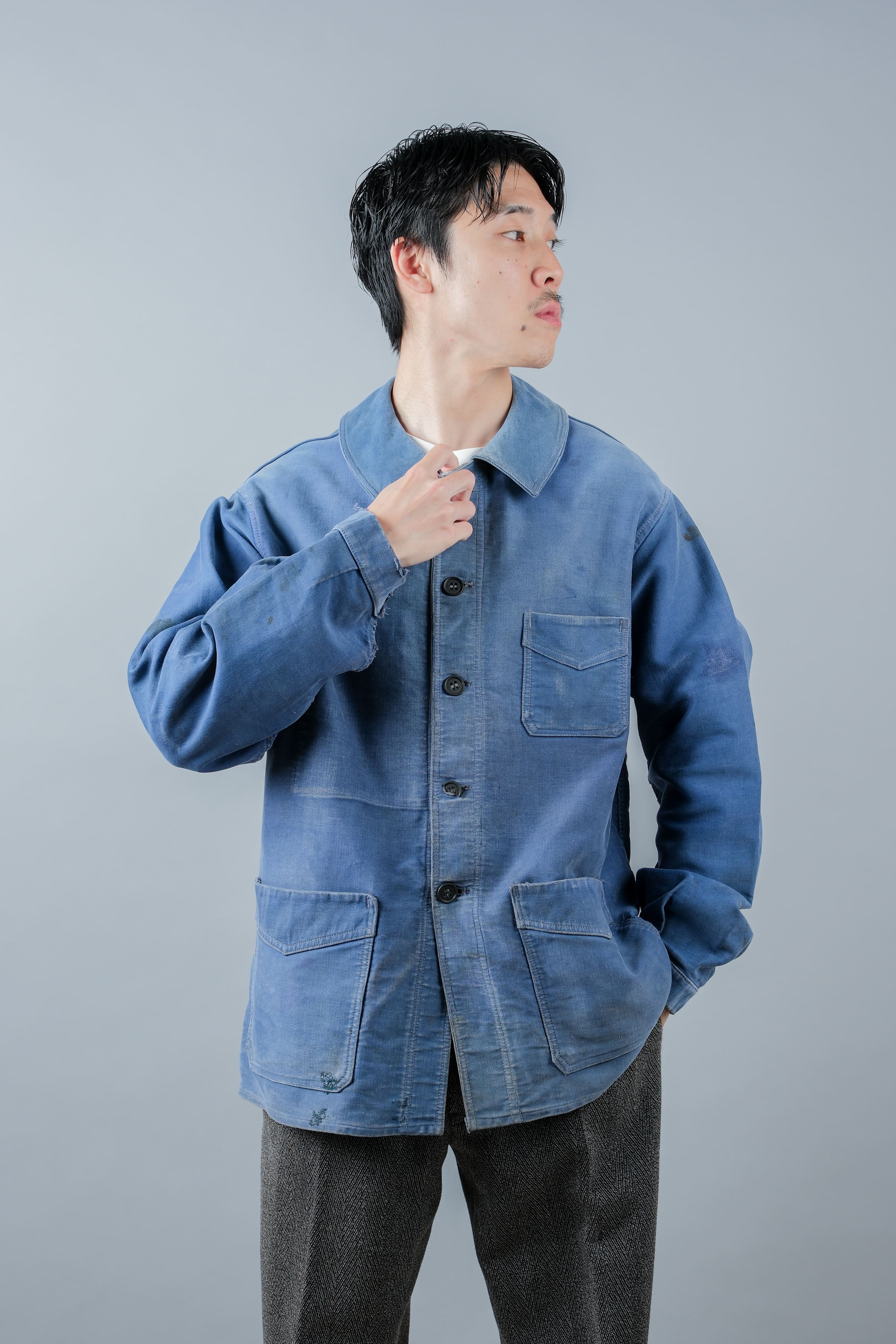 【~50’s】French Vintage Blue Moleskin Work Jacket "Le Mont St. Michel"