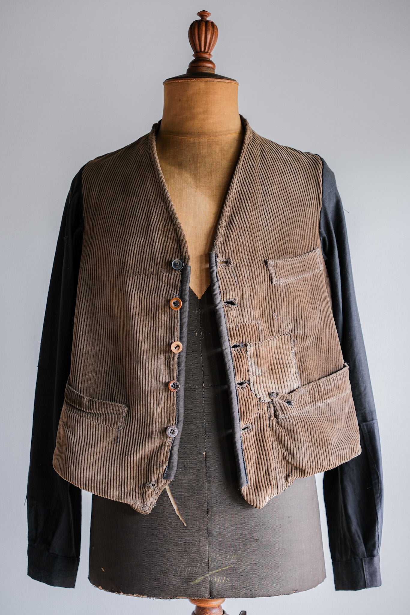 【~30's】French Vintage Brown Corduroy Gilet Jacket "Boro"