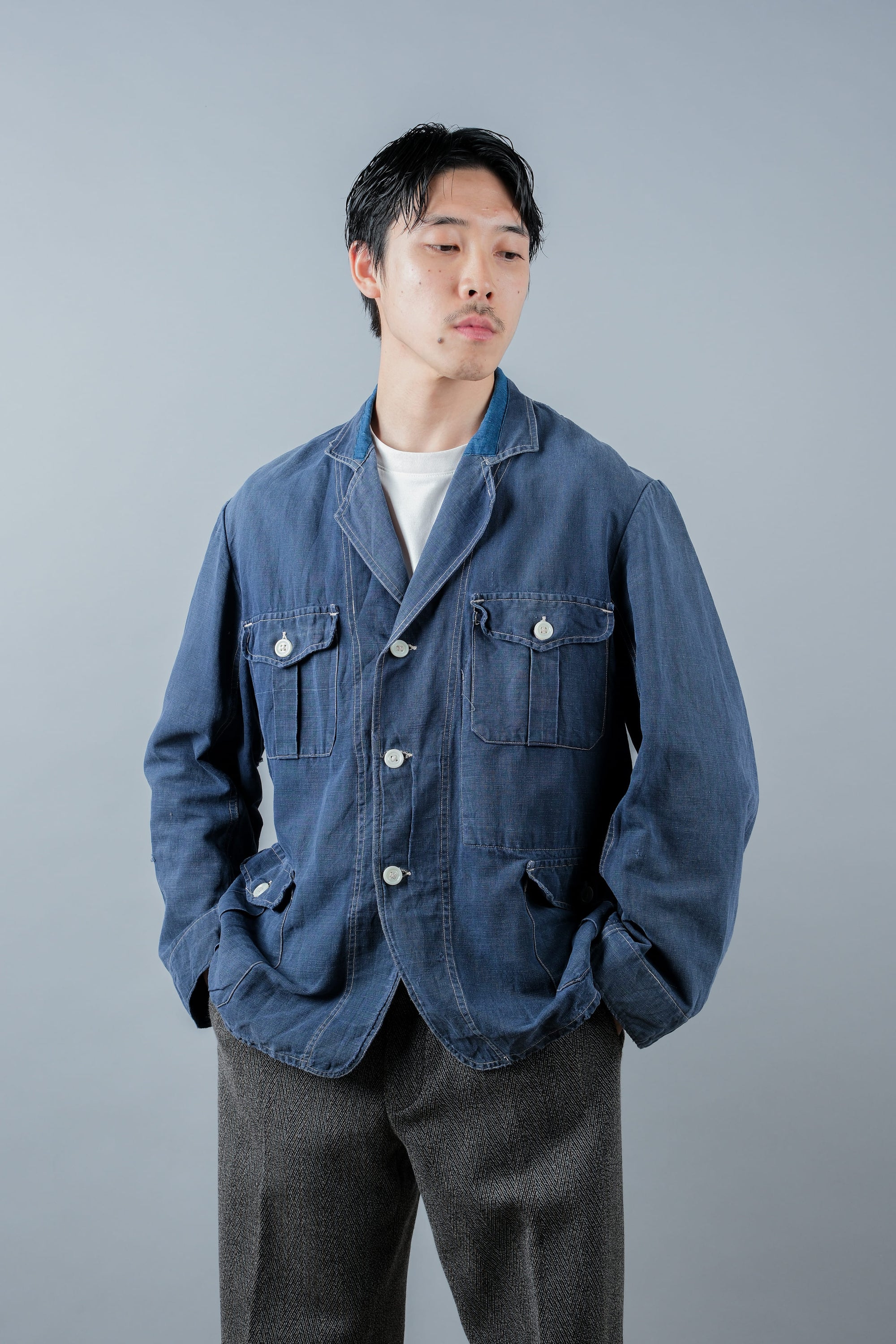 【~30’s】French Vintage Indigo Linen 4 Pockets Lapel Work Jacket