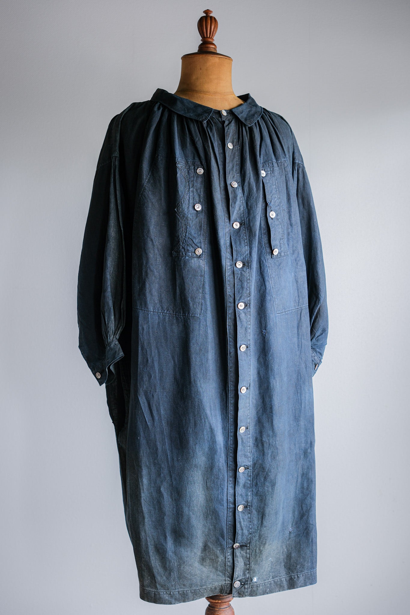 【Early 20th C】French Antique Indigo Linen Smock "Full Open Type" "Biaude"