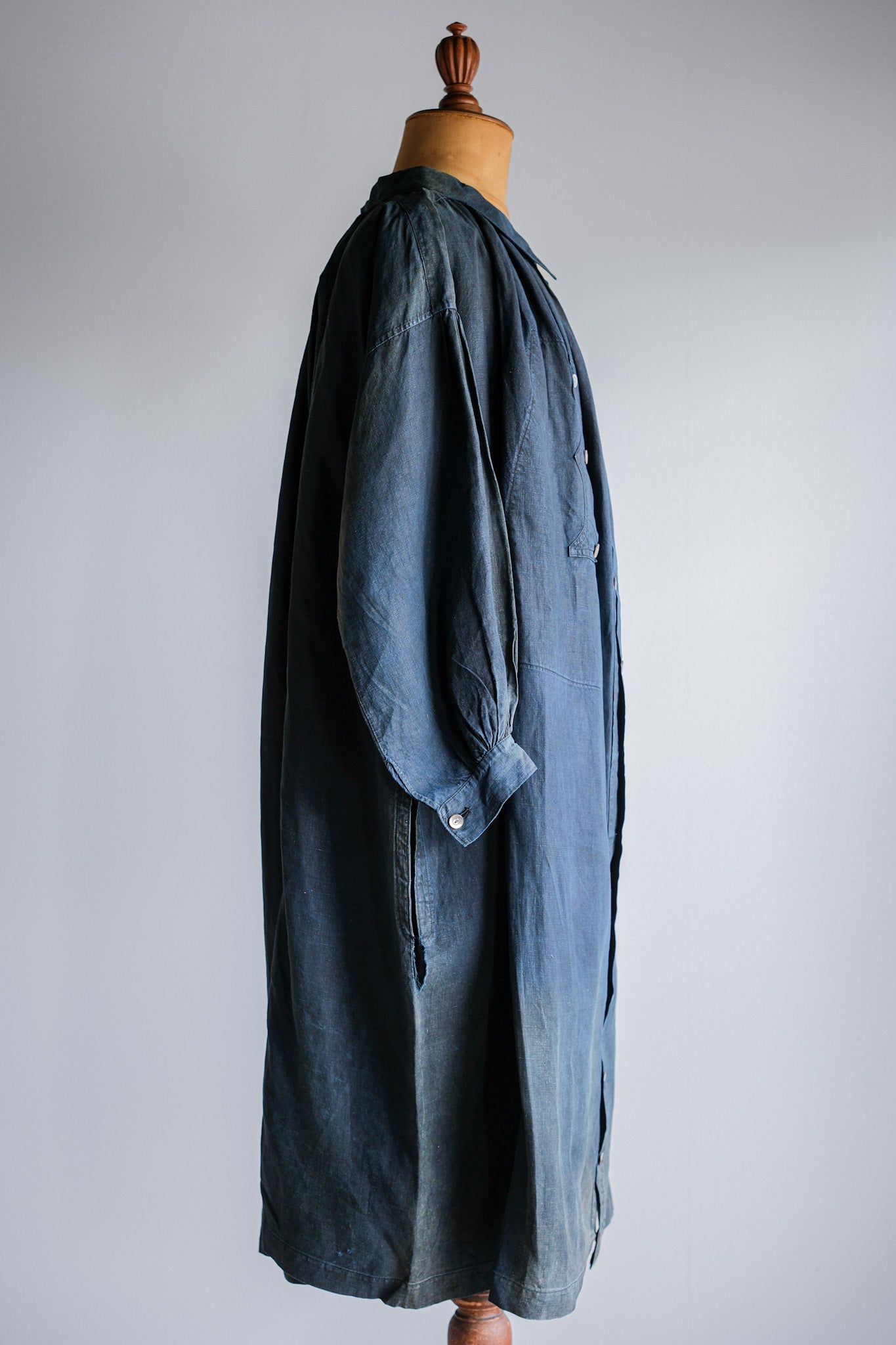 【Early 20th C】French Antique Indigo Linen Smock "Full Open Type" "Biaude"