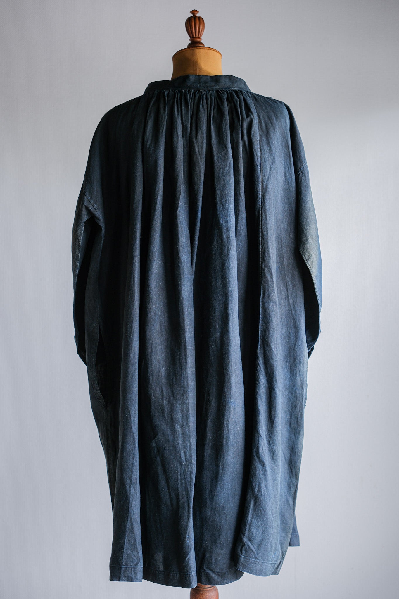 【Early 20th C】French Antique Indigo Linen Smock "Full Open Type" "Biaude"