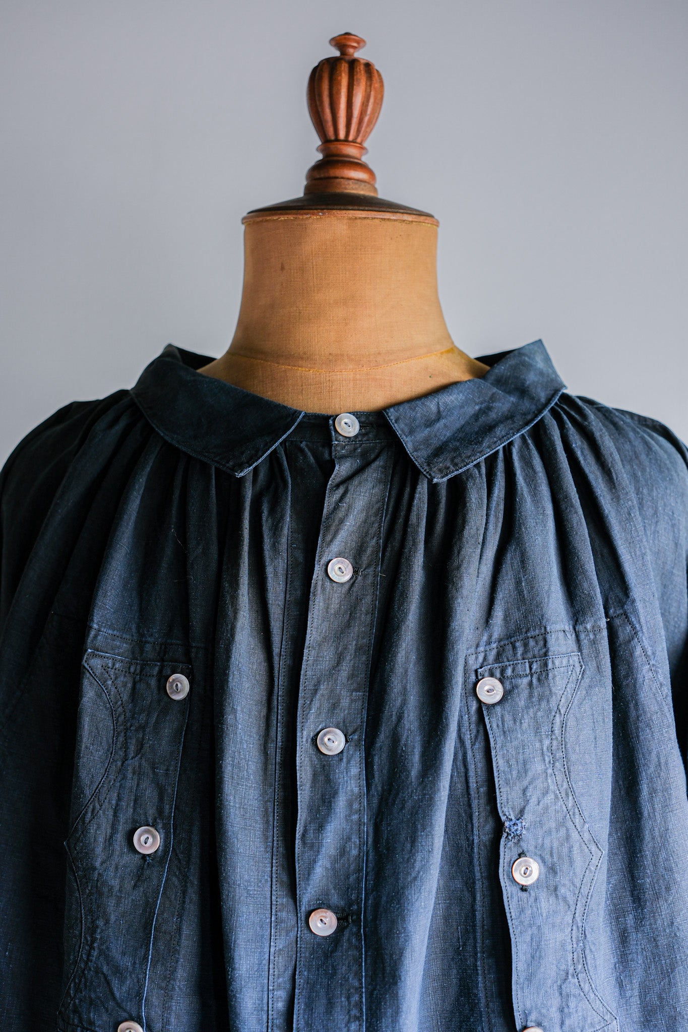 【Early 20th C】French Antique Indigo Linen Smock "Full Open Type" "Biaude"