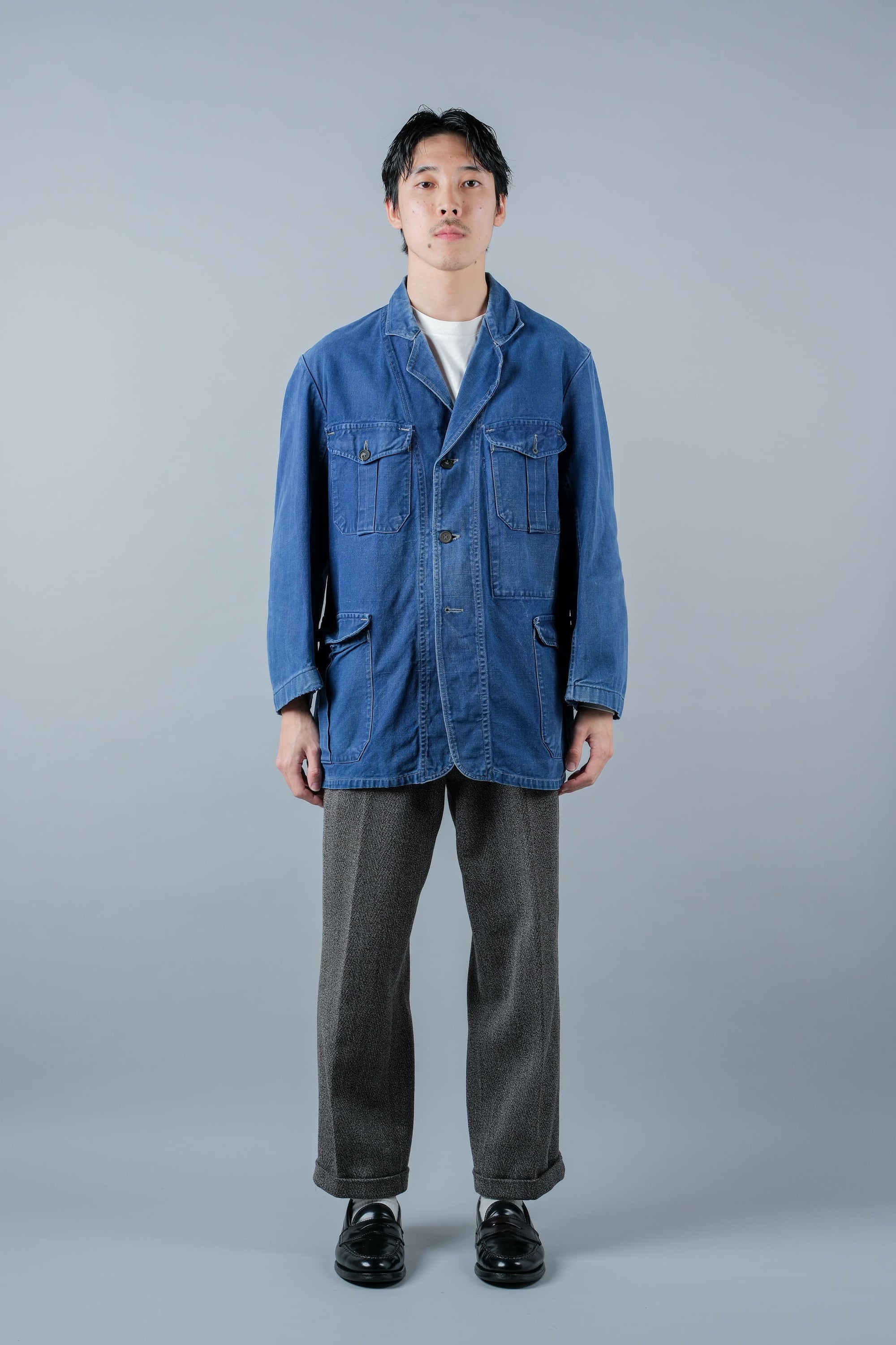 ［~40's］French Vintage Blue Cotton Twill 4 Pockets Lapel Work Jacket