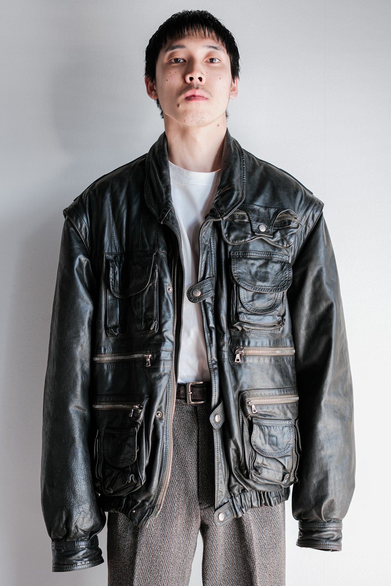 [~ 90's] Old Renoma Paris Black Leather Detachable Sleeve Multi Pocket Jacket with Line Size.xxl