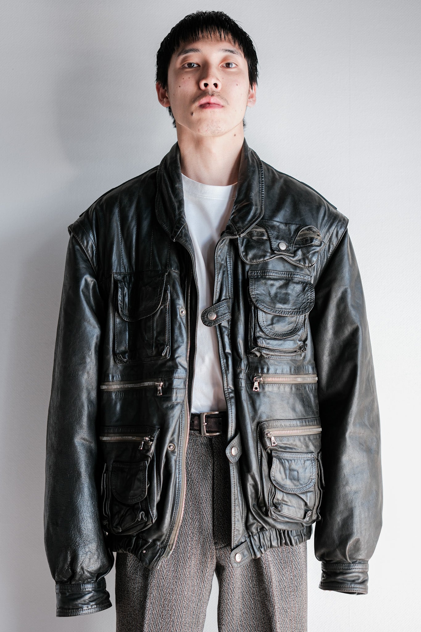 ［~90's］Old Renoma Paris Black Leather Detachable Sleeve Multi Pocket Jacket With Liner Size.XXL