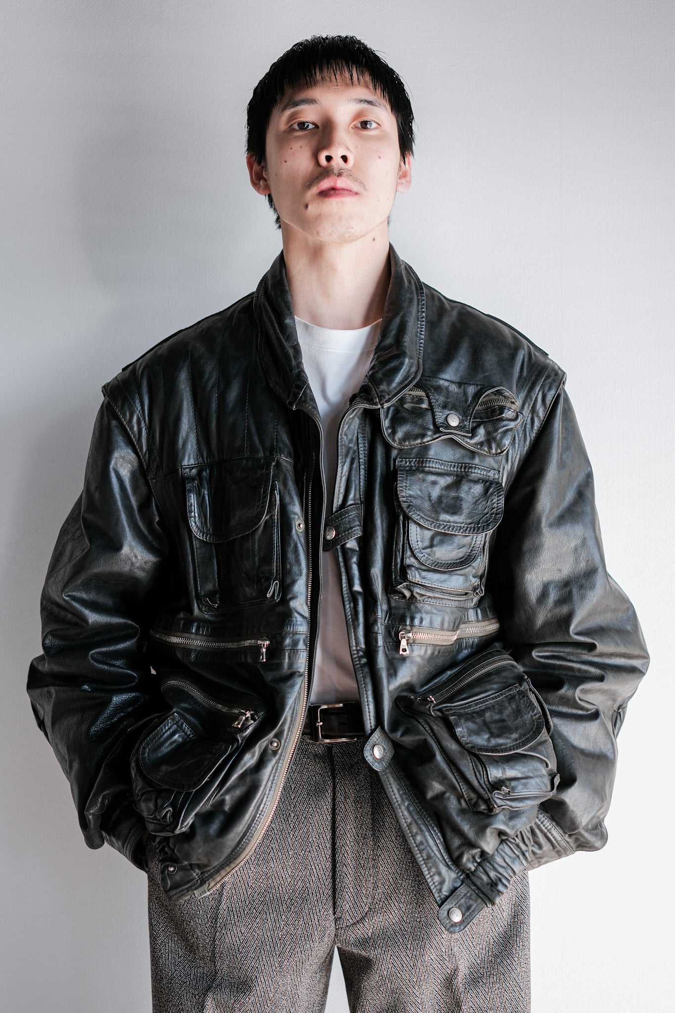 ［~90's］Old Renoma Paris Black Leather Detachable Sleeve Multi Pocket Jacket With Liner Size.XXL