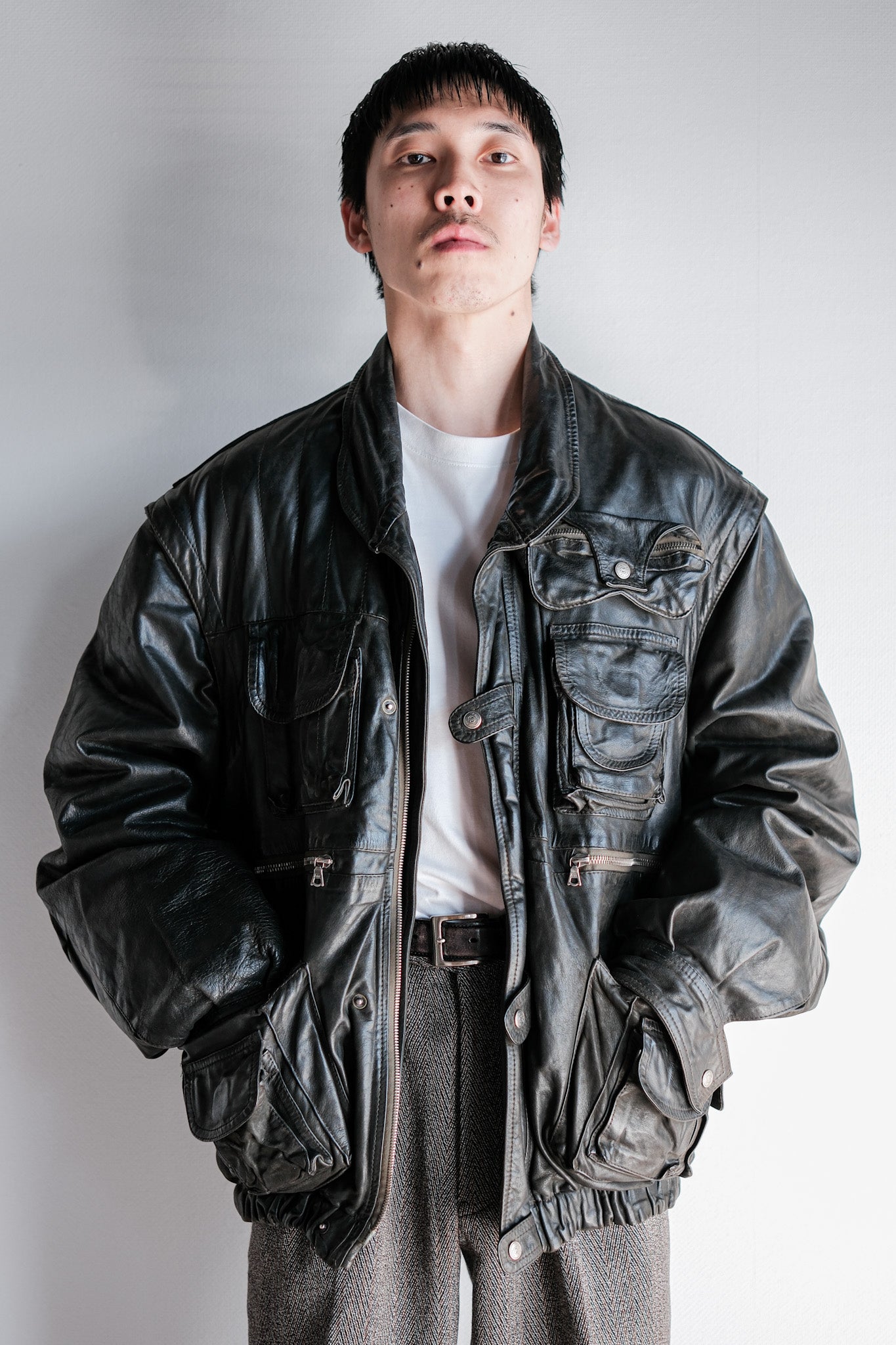 ［~90's］Old Renoma Paris Black Leather Detachable Sleeve Multi Pocket Jacket With Liner Size.XXL