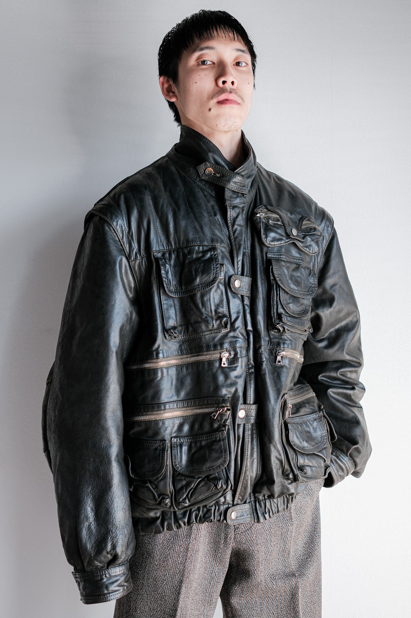 ［~90's］Old Renoma Paris Black Leather Detachable Sleeve Multi Pocket Jacket With Liner Size.XXL