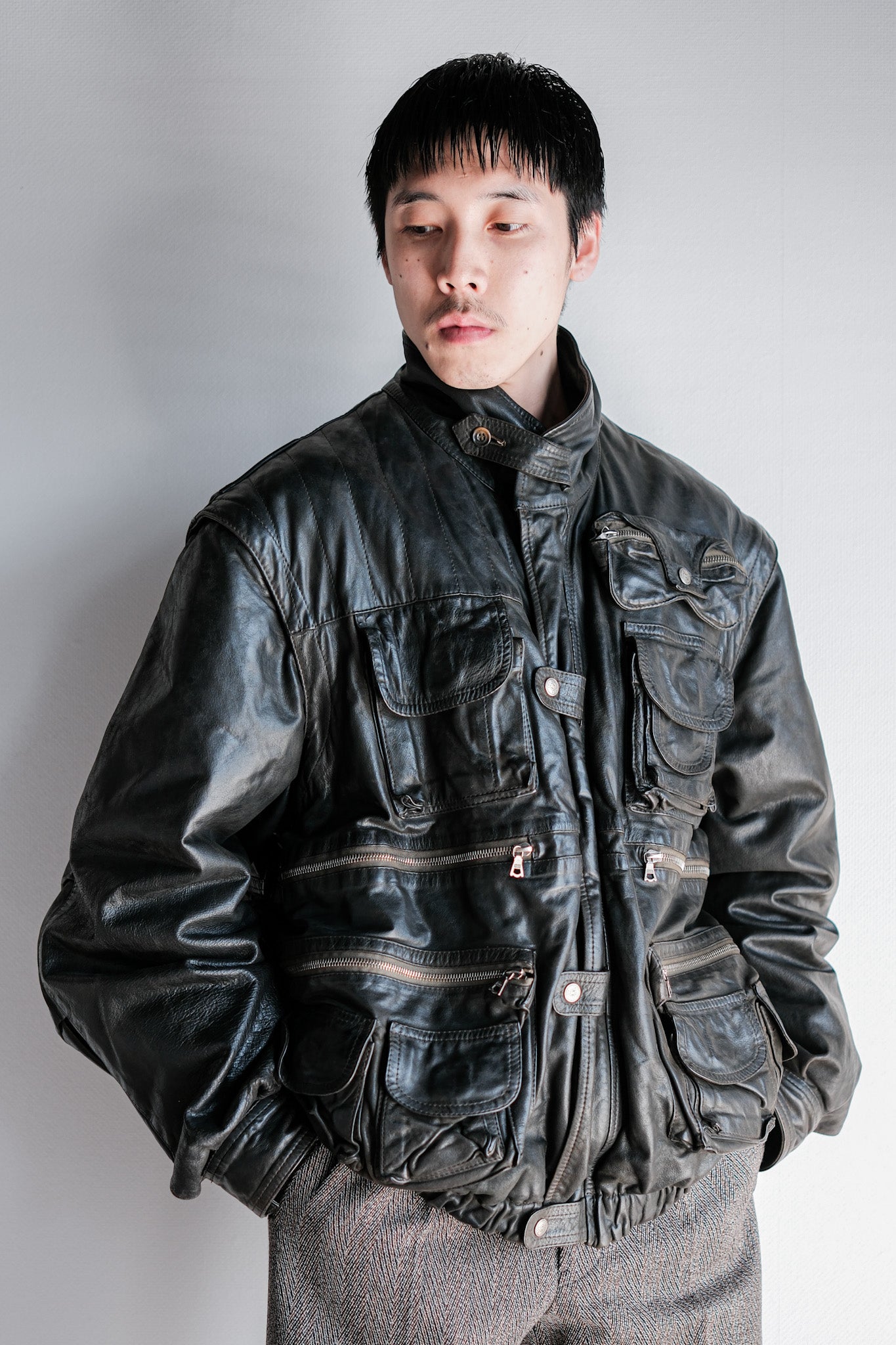 ［~90's］Old Renoma Paris Black Leather Detachable Sleeve Multi Pocket Jacket With Liner Size.XXL