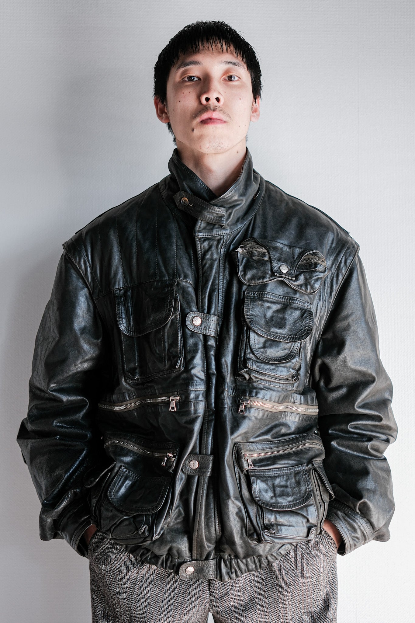 ［~90's］Old Renoma Paris Black Leather Detachable Sleeve Multi Pocket Jacket With Liner Size.XXL