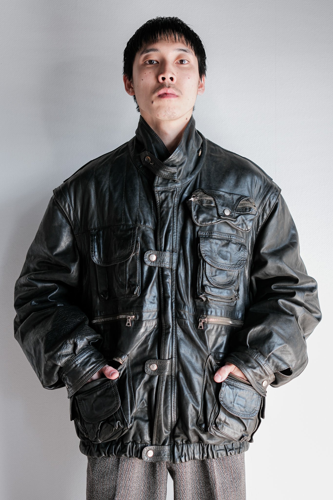 ［~90's］Old Renoma Paris Black Leather Detachable Sleeve Multi Pocket Jacket With Liner Size.XXL