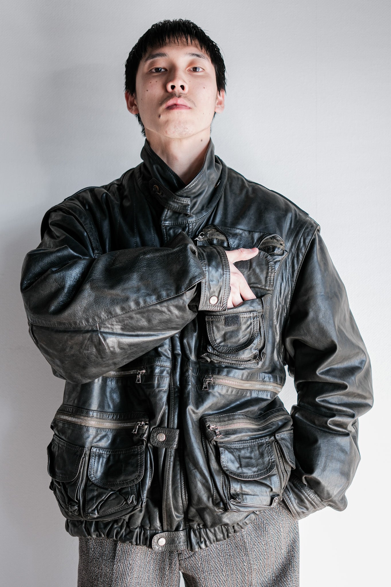［~90's］Old Renoma Paris Black Leather Detachable Sleeve Multi Pocket Jacket With Liner Size.XXL