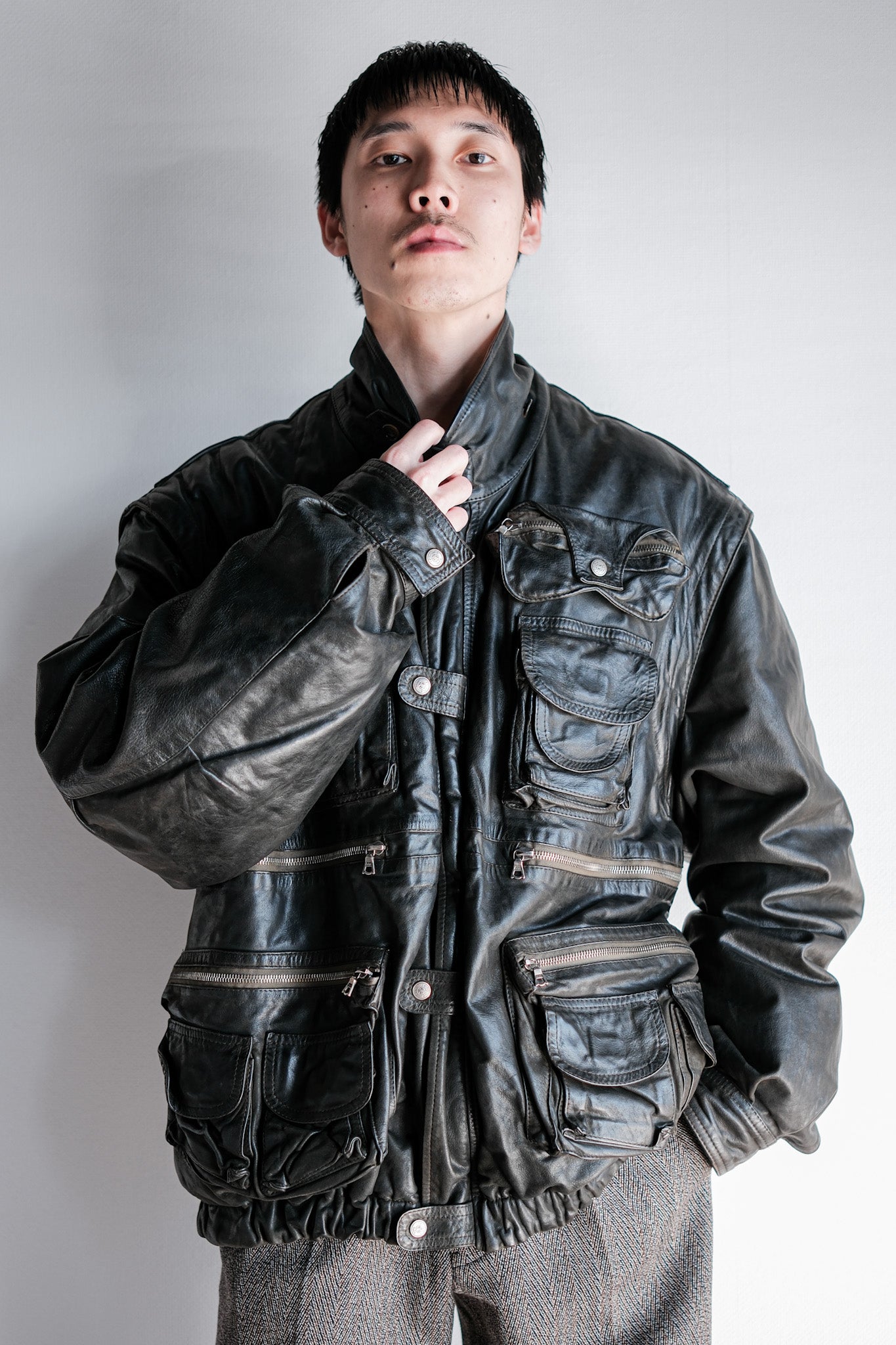 ［~90's］Old Renoma Paris Black Leather Detachable Sleeve Multi Pocket Jacket With Liner Size.XXL