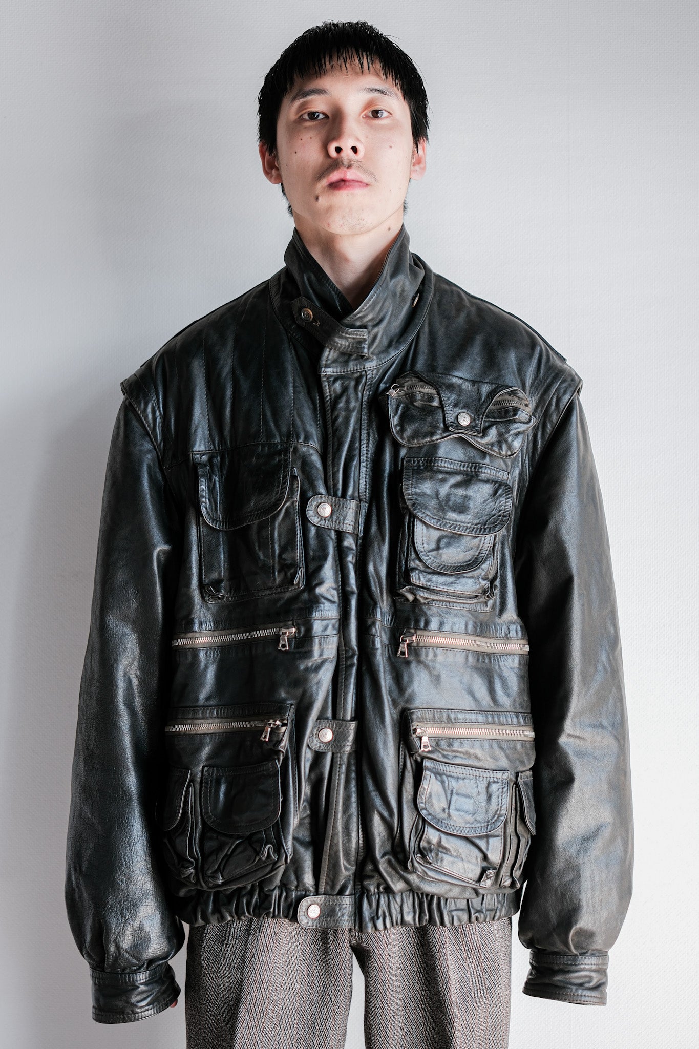 [~ 90 년대] Old Renoma Paris Black Leather Detachable Sleeve Multi Pocket Jacket Line Size.xxl