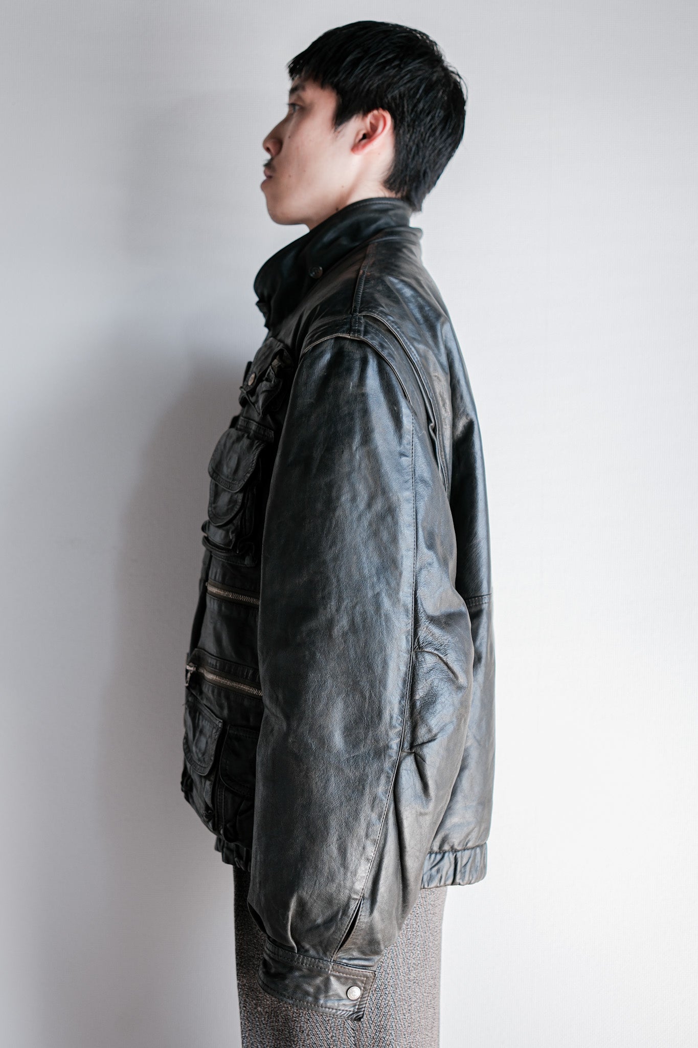 ［~90's］Old Renoma Paris Black Leather Detachable Sleeve Multi Pocket Jacket With Liner Size.XXL