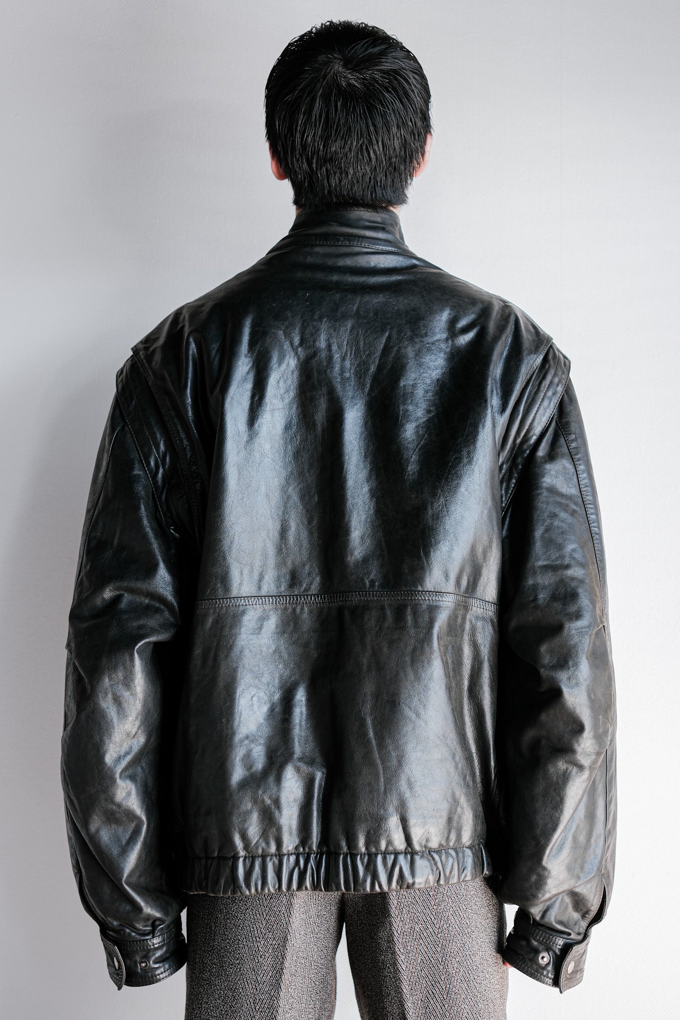 ［~90's］Old Renoma Paris Black Leather Detachable Sleeve Multi Pocket Jacket With Liner Size.XXL