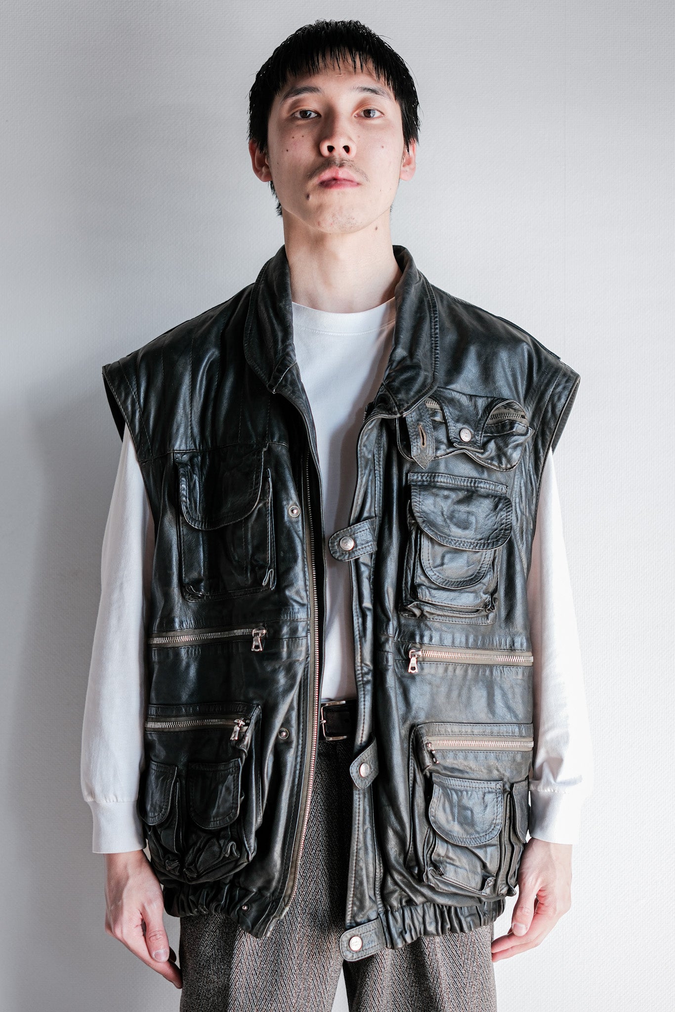 ［~90's］Old Renoma Paris Black Leather Detachable Sleeve Multi Pocket Jacket With Liner Size.XXL