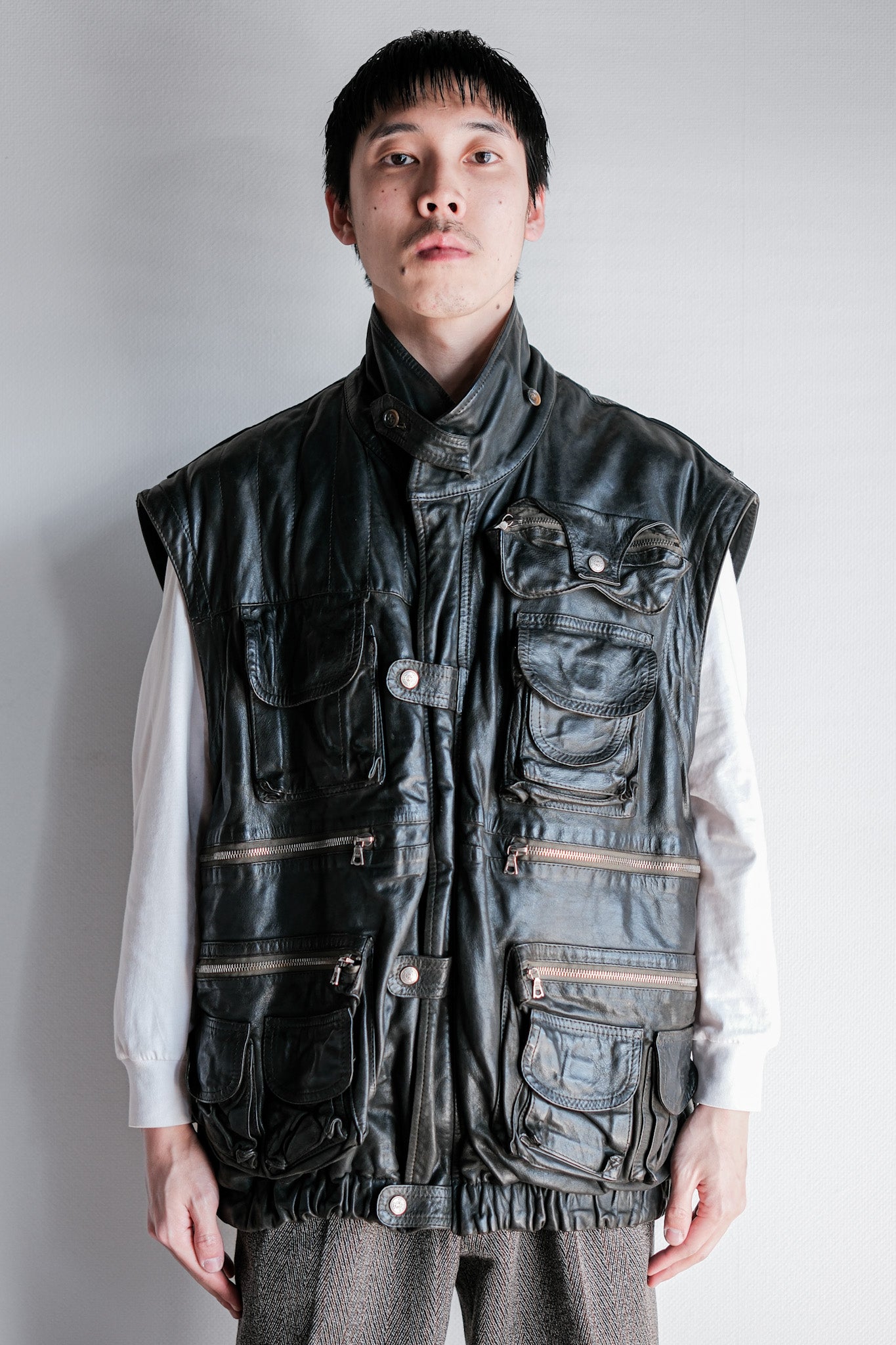 ［~90's］Old Renoma Paris Black Leather Detachable Sleeve Multi Pocket Jacket With Liner Size.XXL