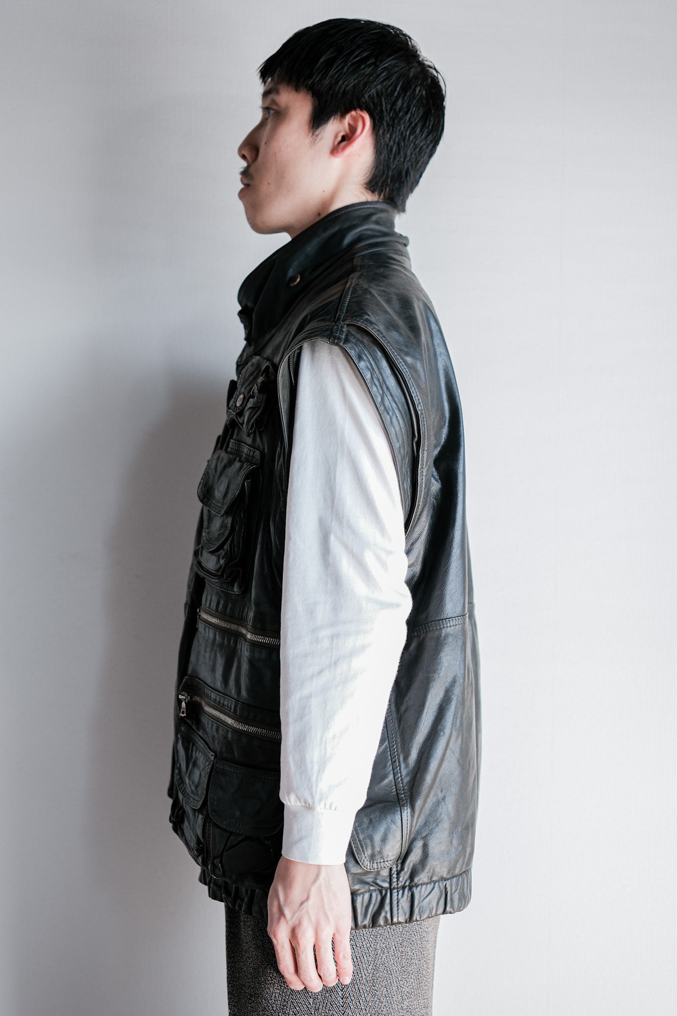 ［~90's］Old Renoma Paris Black Leather Detachable Sleeve Multi Pocket Jacket With Liner Size.XXL