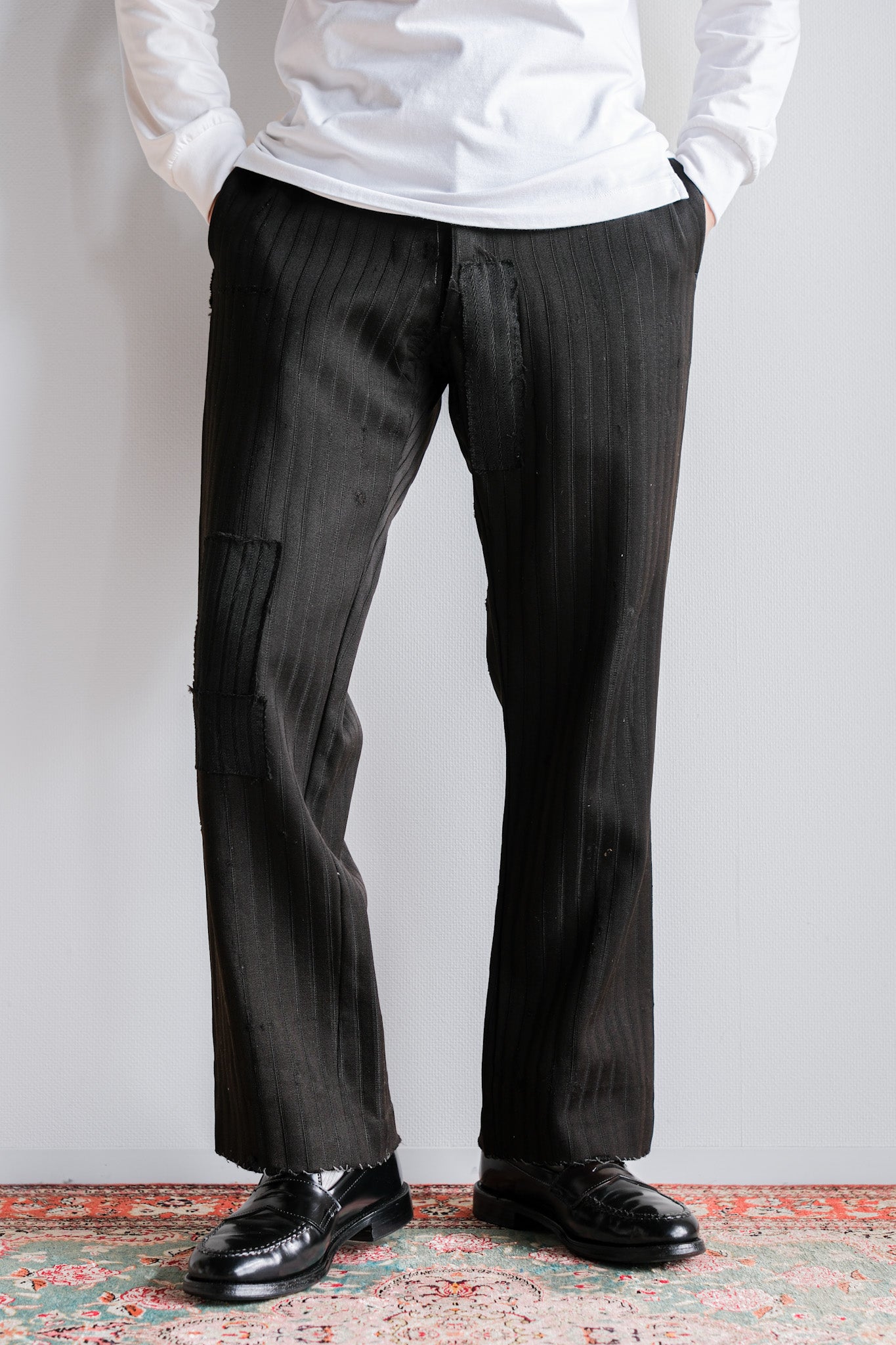 [~ 20's] French Vintage Black Wool Striped Work Pants "Indigo Cotton Lining"