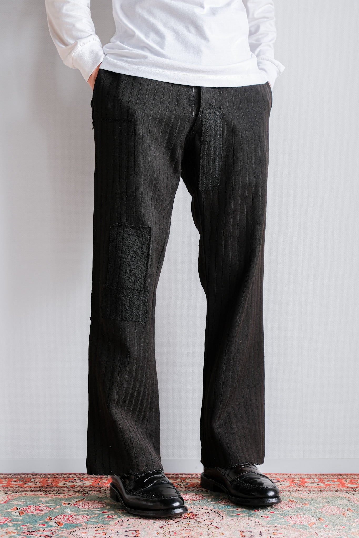 [~ 20's] Pantalon de travail à rayures en laine noire vintage française "doublure en coton indigo"