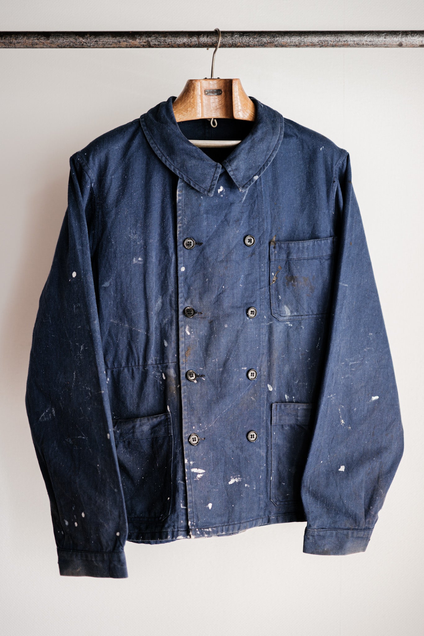 【~50's】French Vintage Double Breasted Indigo Cotton Twill Work Jacket "Crazy Paint"