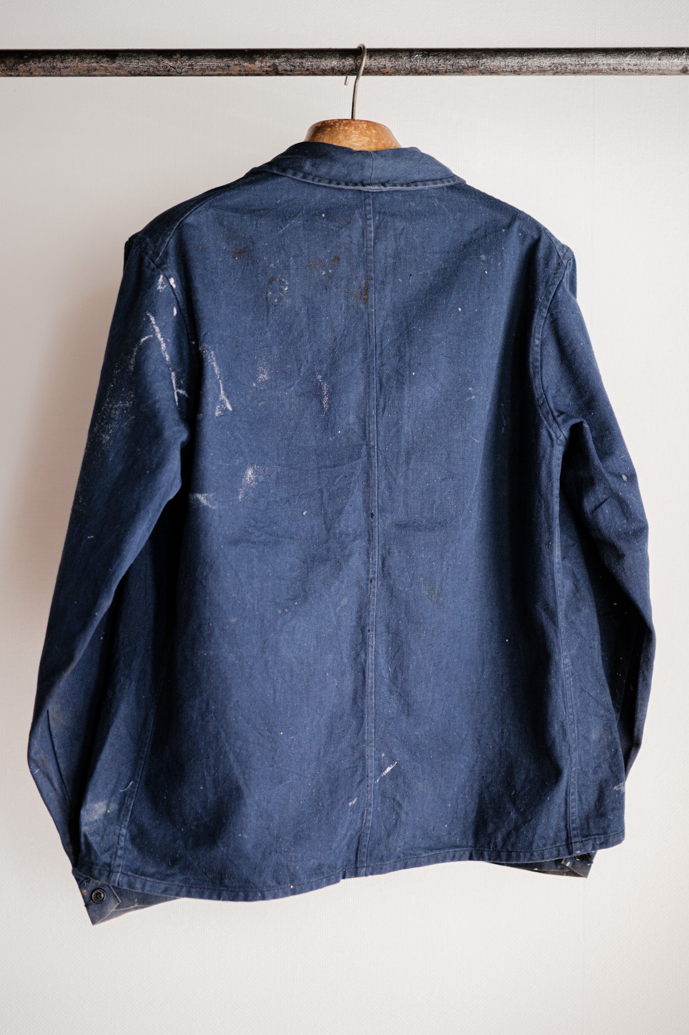 [~ 50's] French Vintage Double Breasted Indigo Cotton Twill Work Jacket "Crazy Paint"