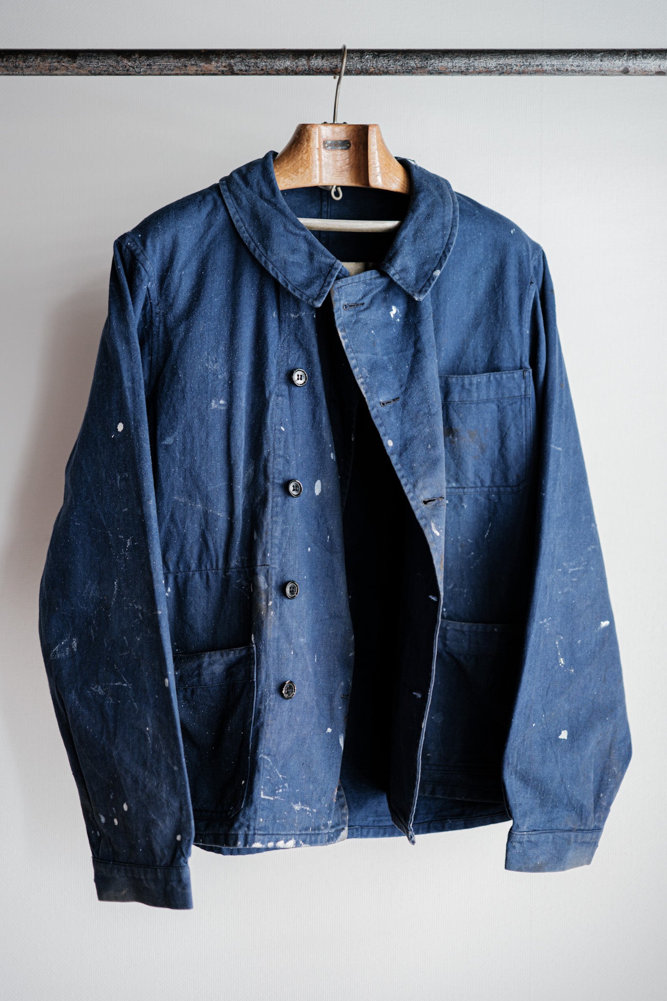 ［~50's］French Vintage Double Breasted Indigo Cotton Twill Work Jacket "Crazy Paint"