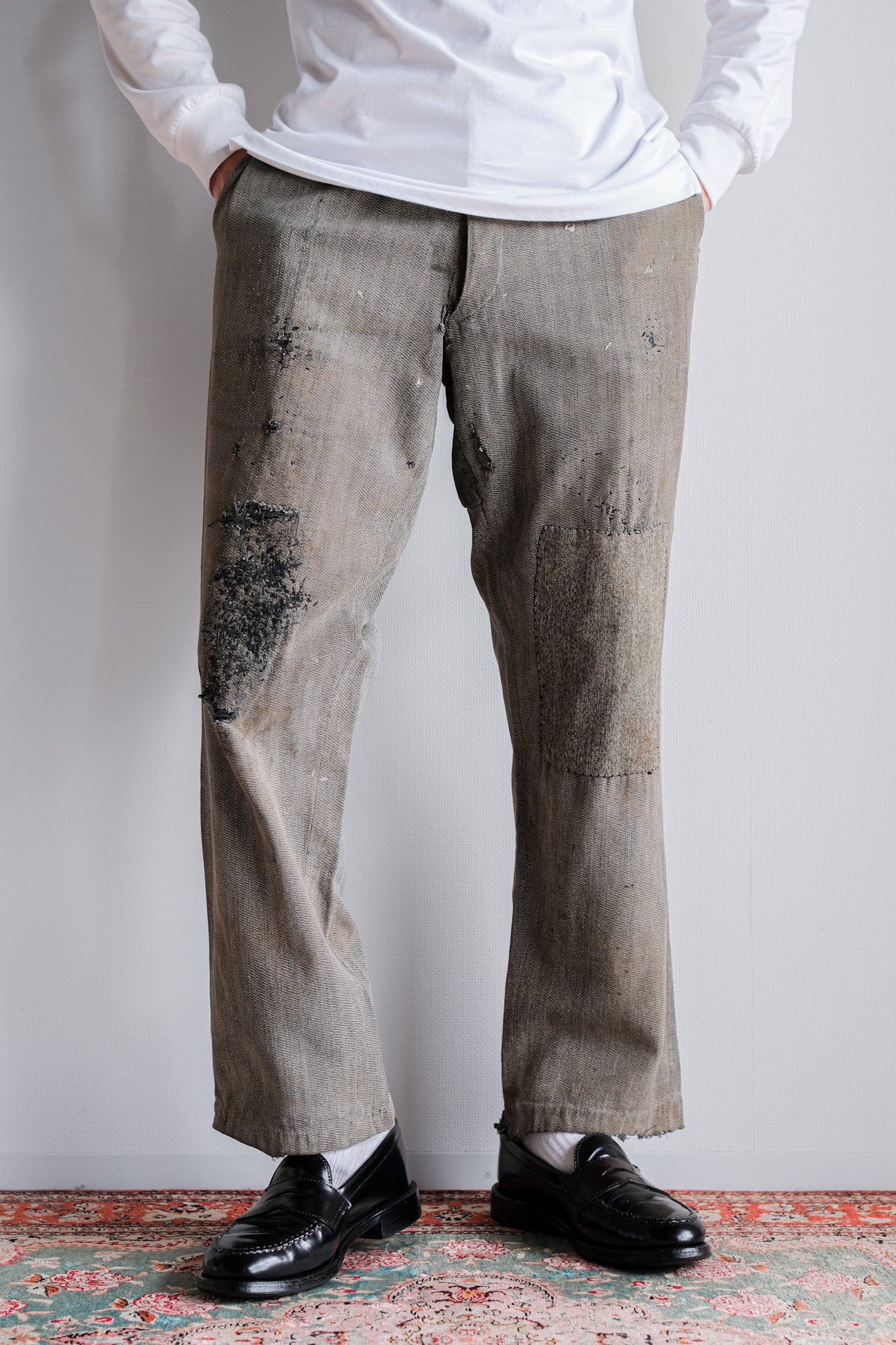 [~ 10's] French Antique Salt & Pepper Cotton Twil Work Pants "Boro"