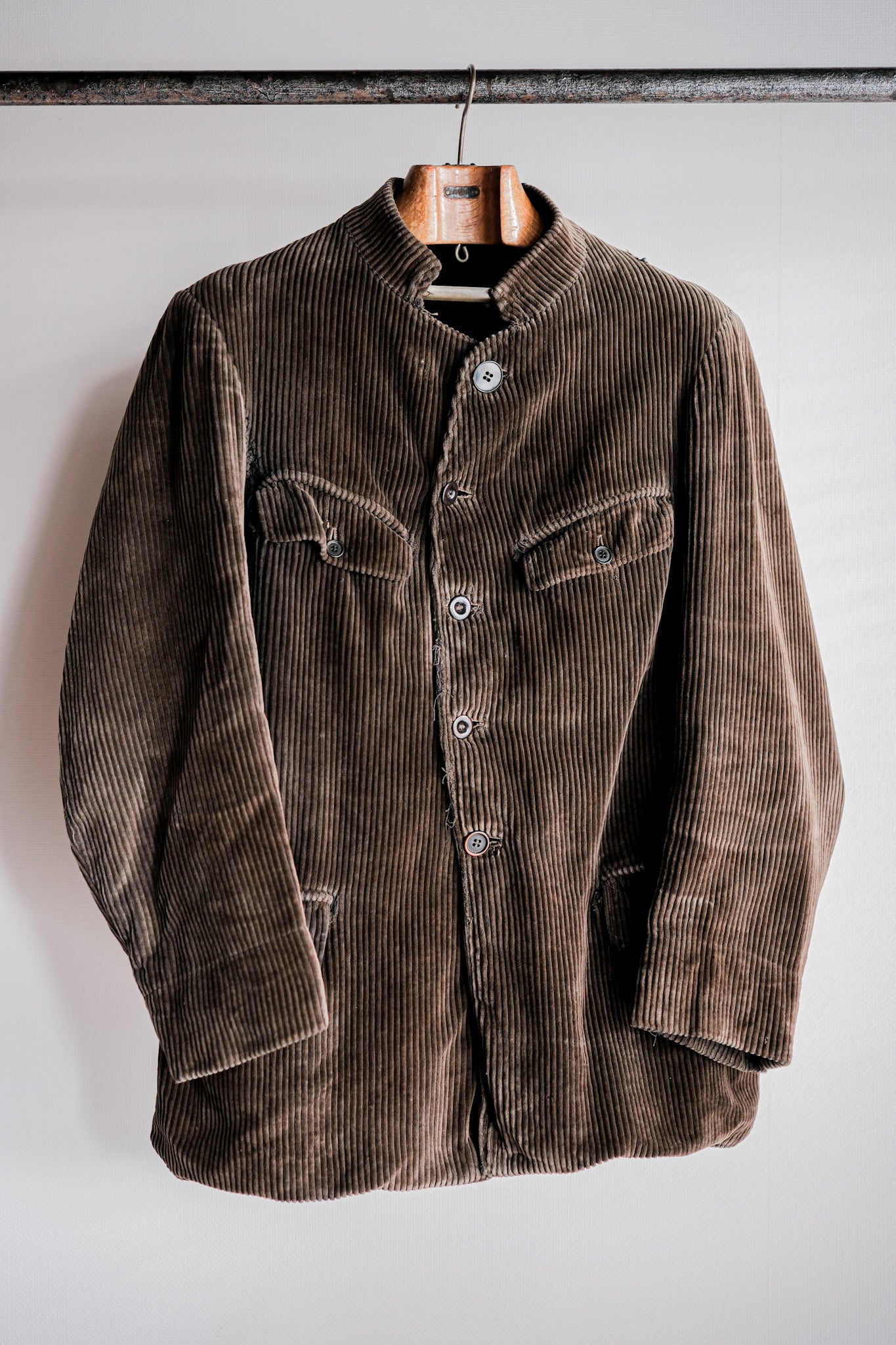 30's】French Vintage Brown Corduroy Stand Collar Work Jacket