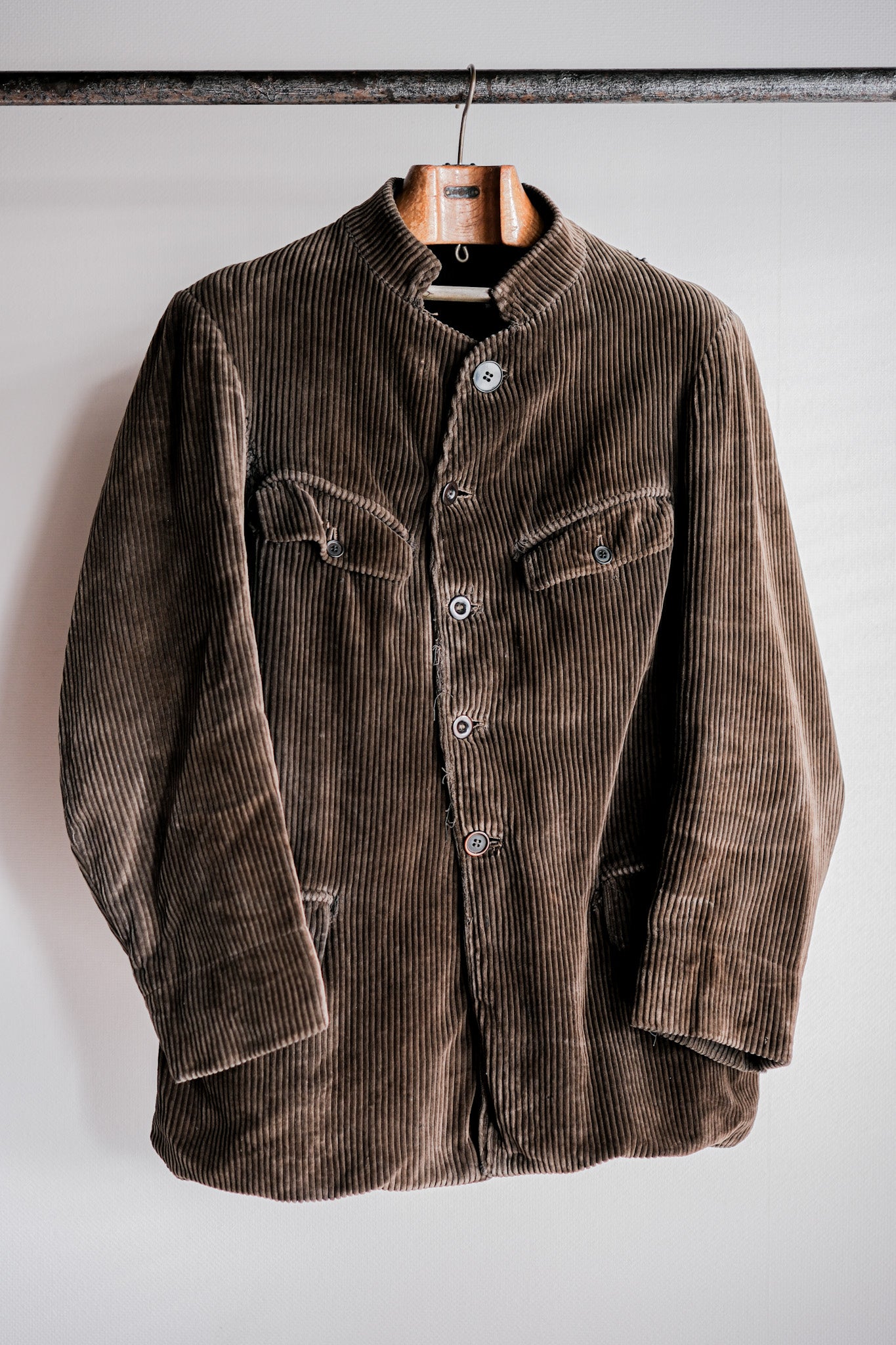 【~30’s】French Vintage Brown Corduroy Stand Collar Work Jacket "Unusual Pattern"