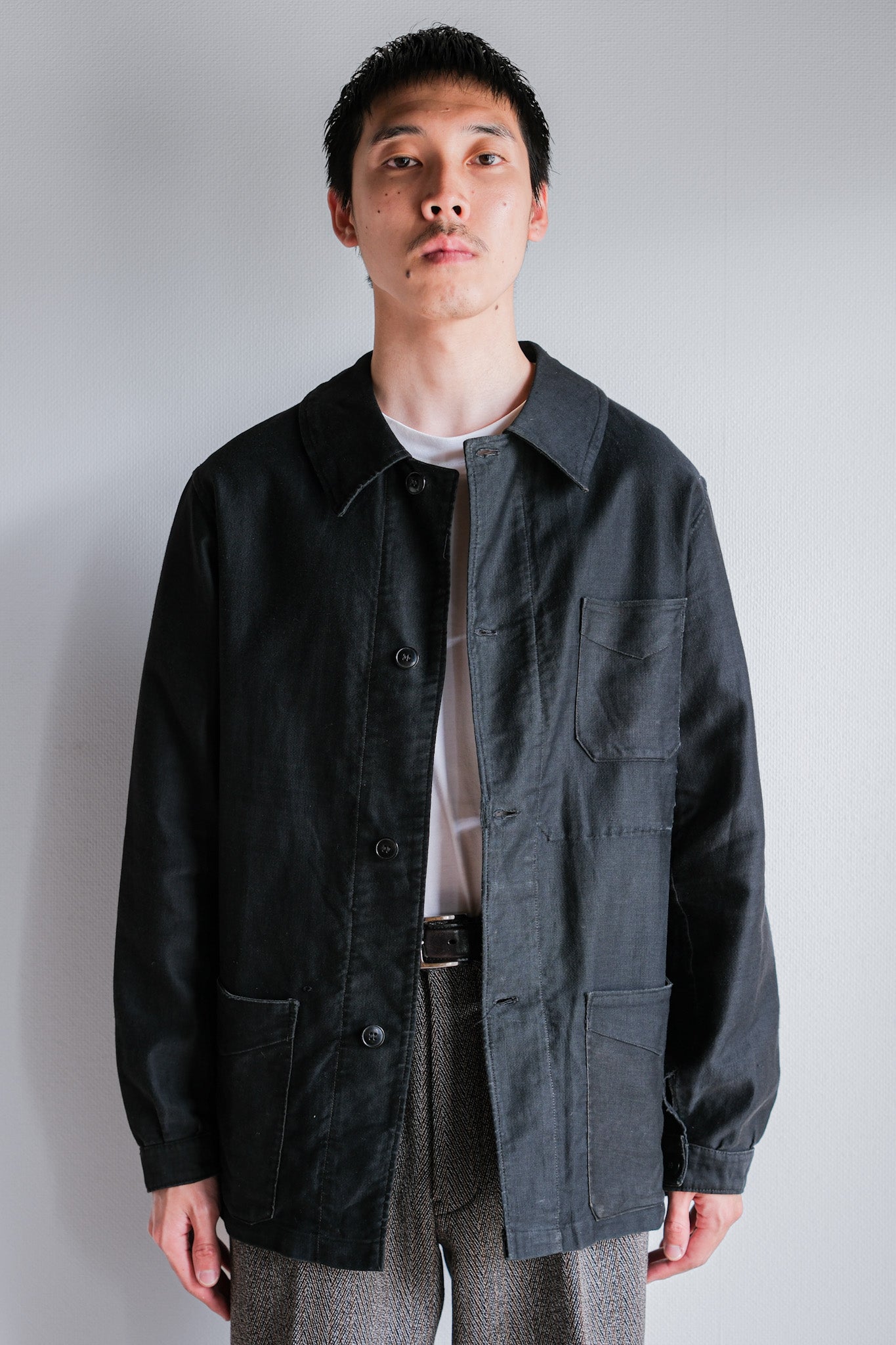 [~ 30's] French Vintage Black Light Moleskin Work Jacket "4 Buttons"