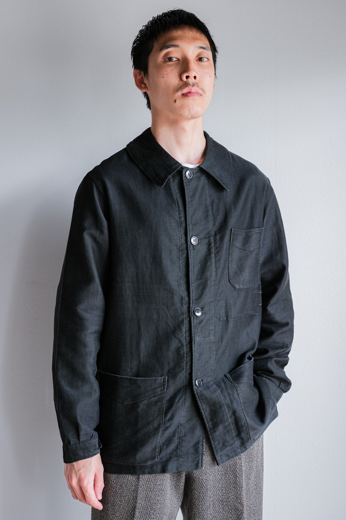 [~ 30's] French Vintage Black Light Moleskin Work Jacket "4 Buttons"