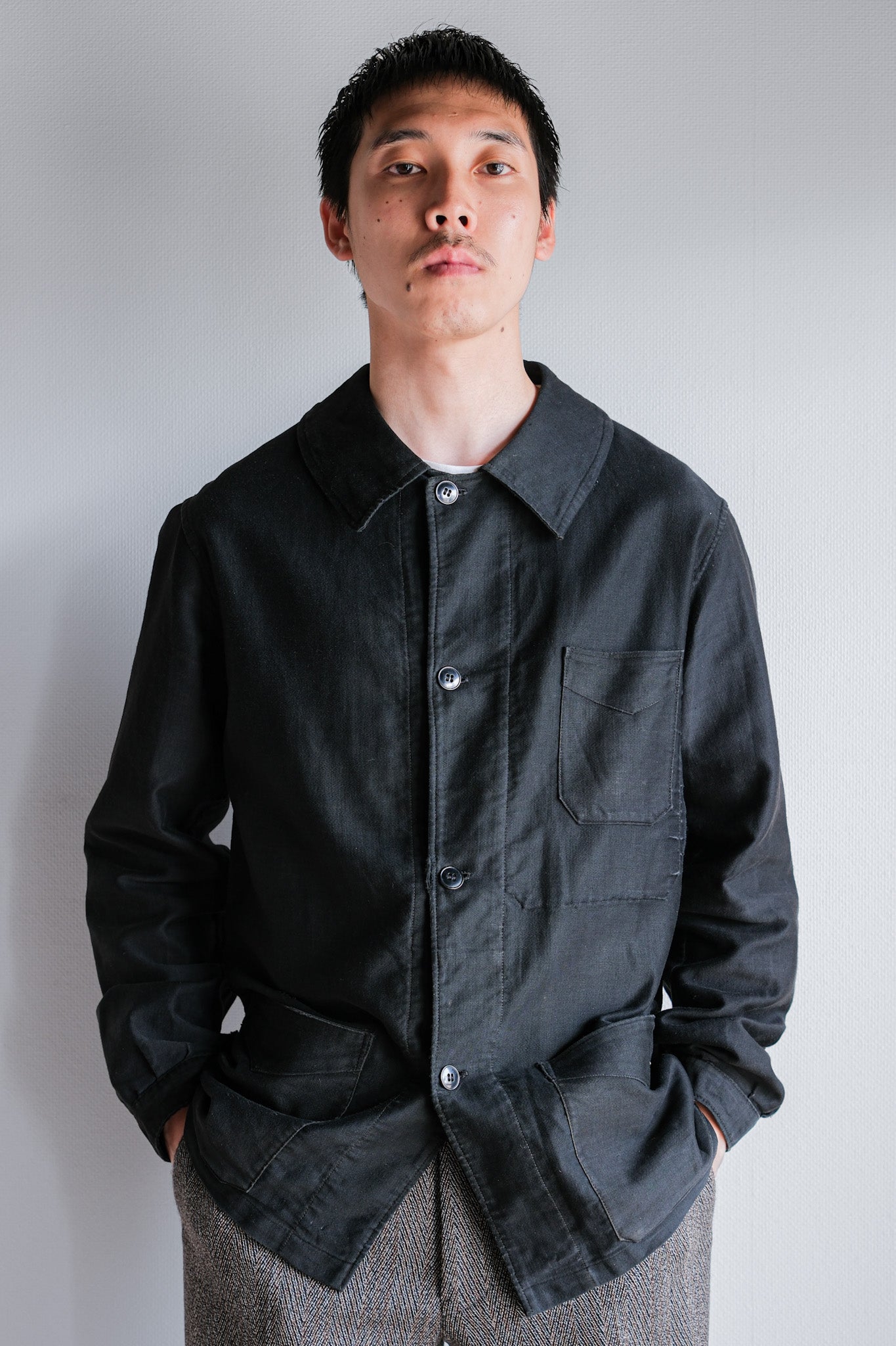 [~ 30's] French Vintage Black Light Moleskin Work Jacket "4 Buttons"