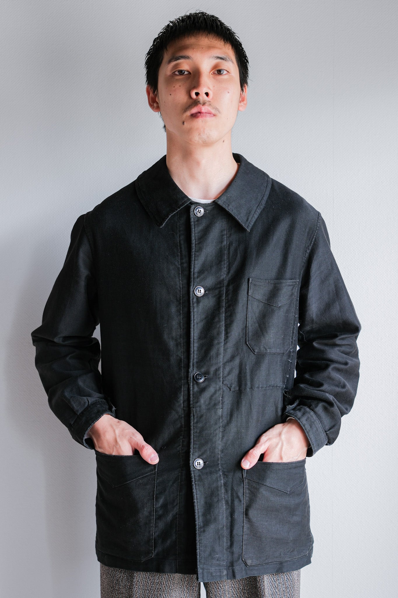 [~ 30's] French Vintage Black Light Moleskin Work Jacket "4 Buttons"