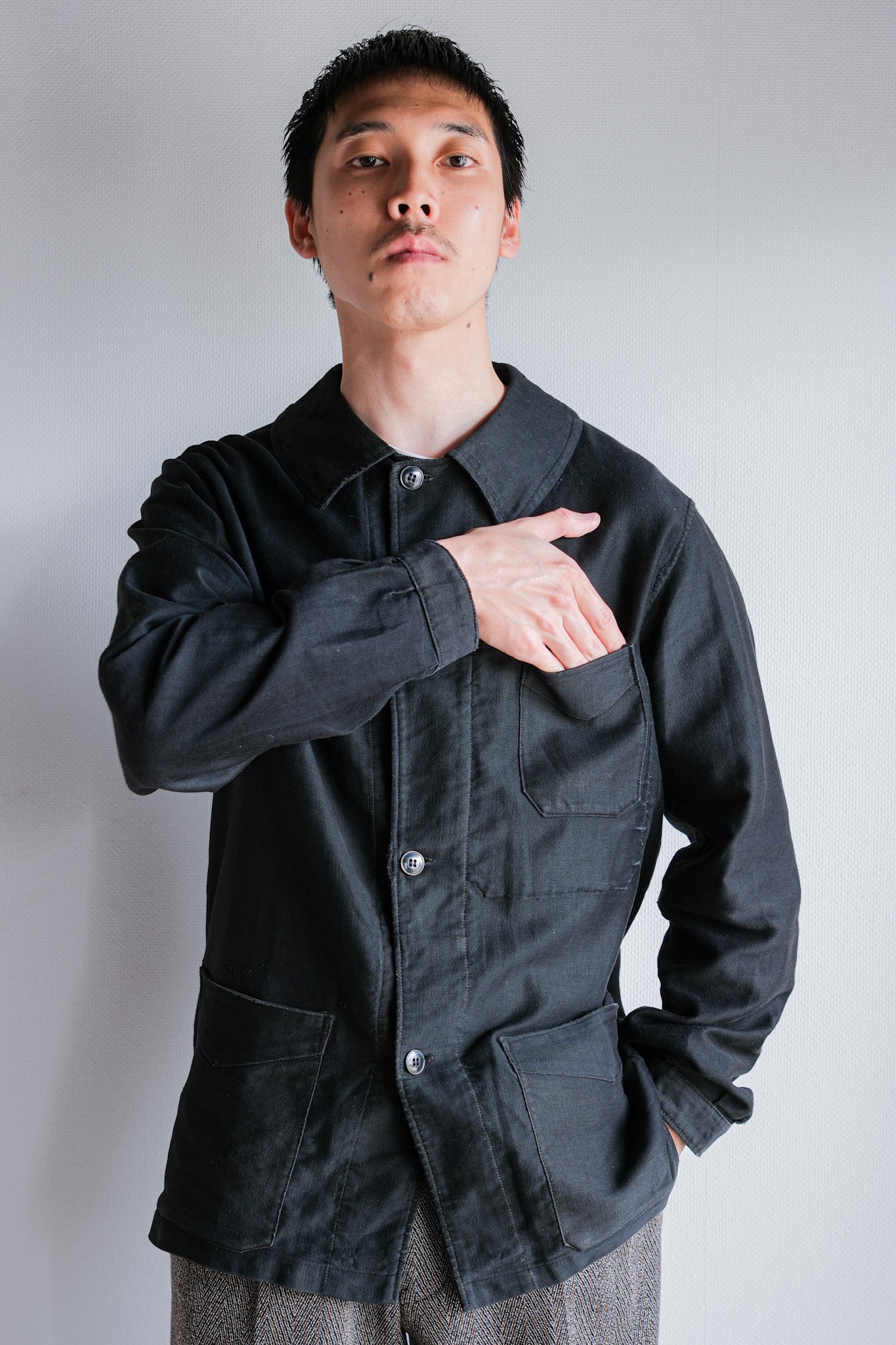 [~ 30's] French Vintage Black Light Moleskin Work Jacket "4 Buttons"