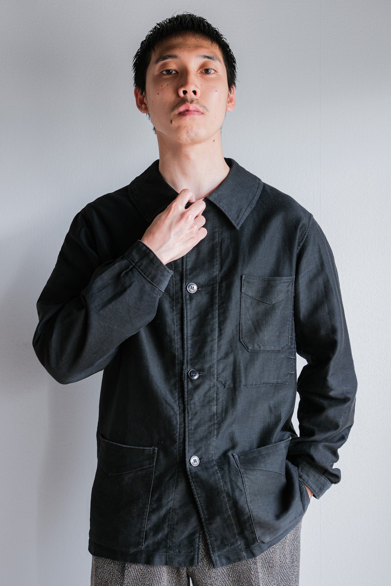 [~ 30's] French Vintage Black Light Moleskin Work Jacket "4 Buttons"