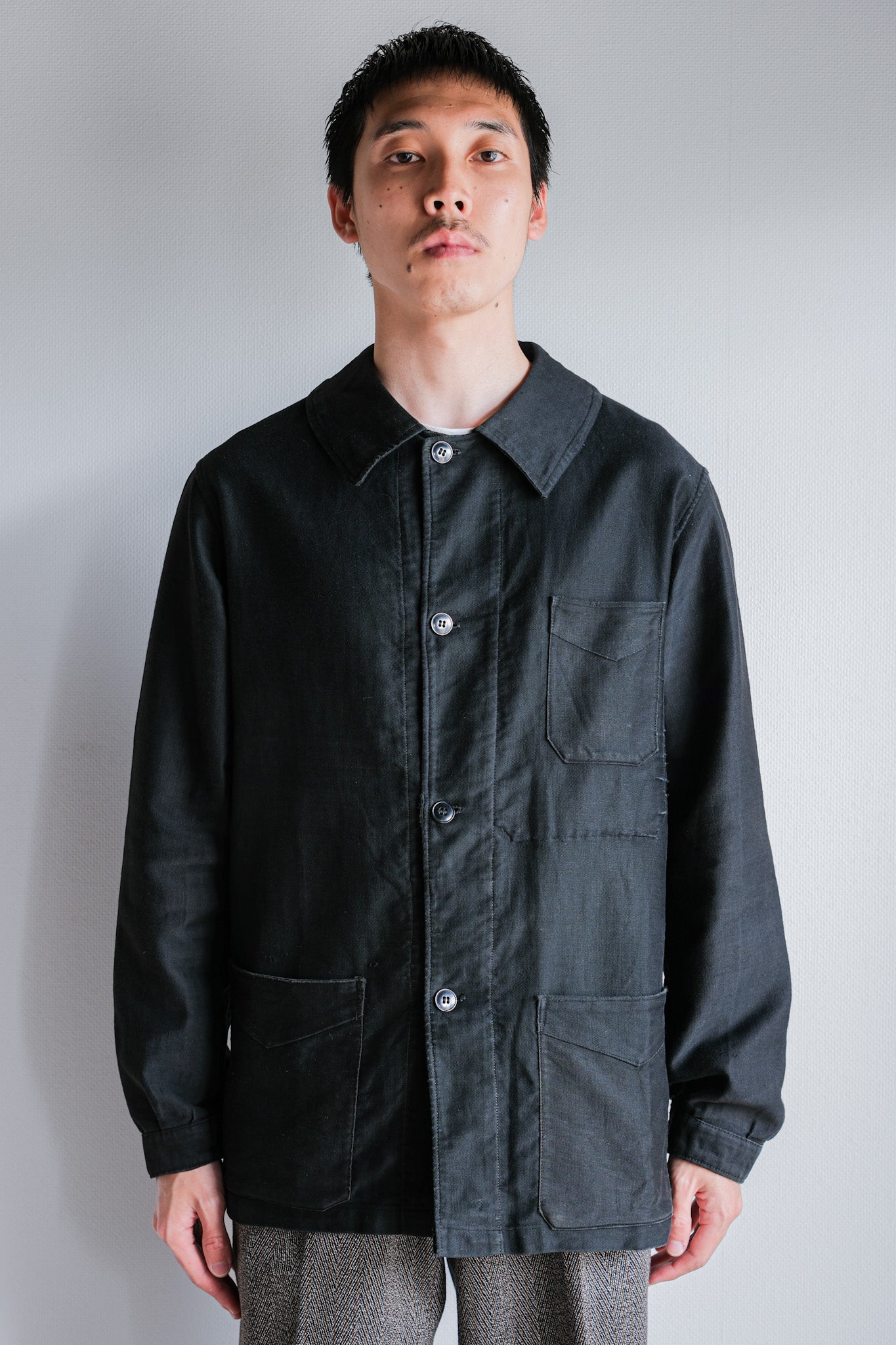 [~ 30's] French Vintage Black Light Moleskin Work Jacket "4 Buttons"