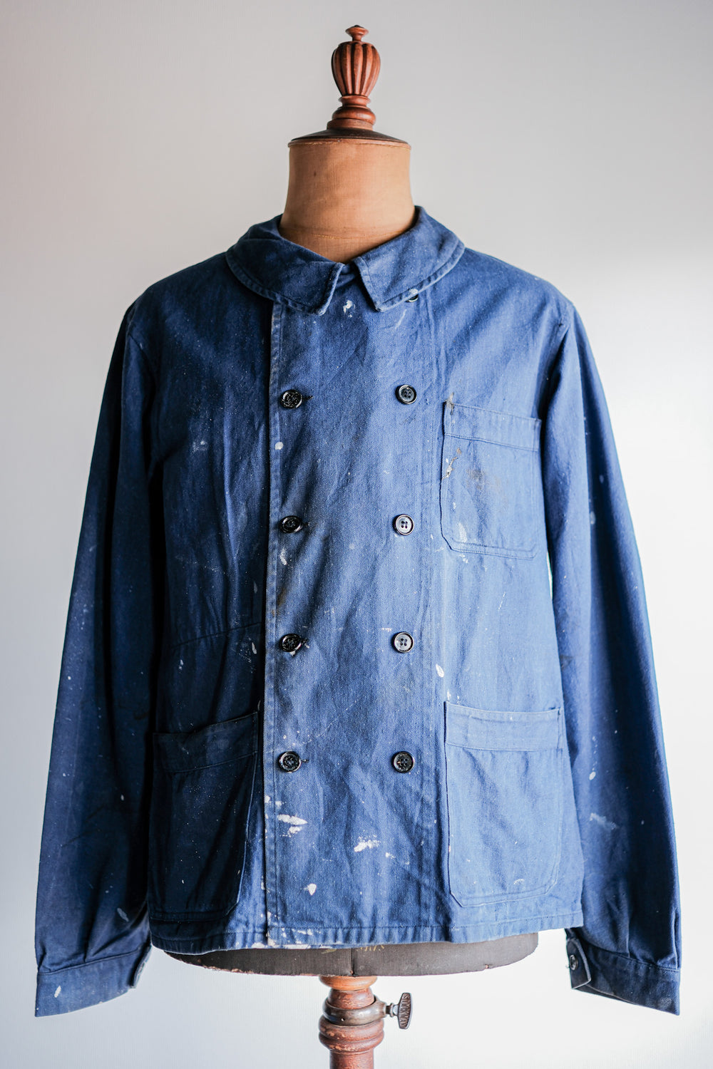 【~50's】French Vintage Double Breasted Indigo Cotton Twill Work Jacket "Crazy Paint"