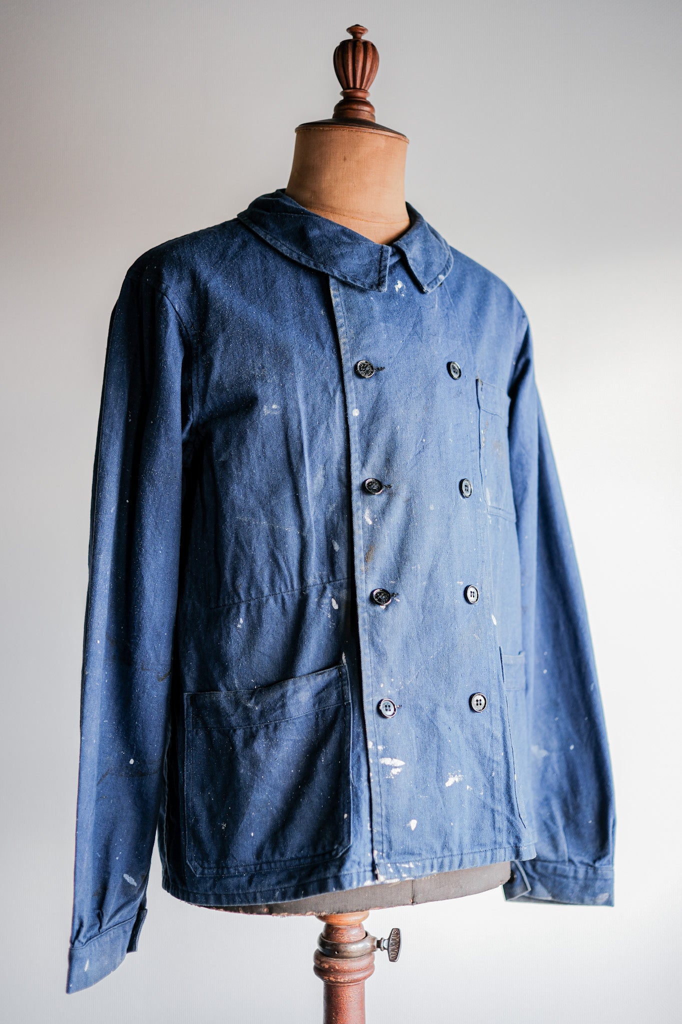 ［~50's］French Vintage Double Breasted Indigo Cotton Twill Work Jacket "Crazy Paint"