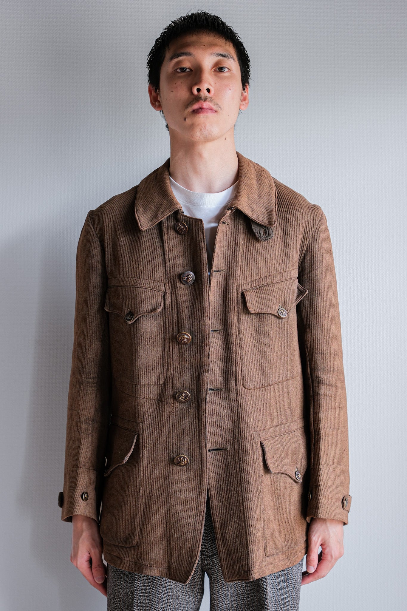 ［~30's］French Vintage Brown Cotton Pique Hunting Jacket With Chin Strap