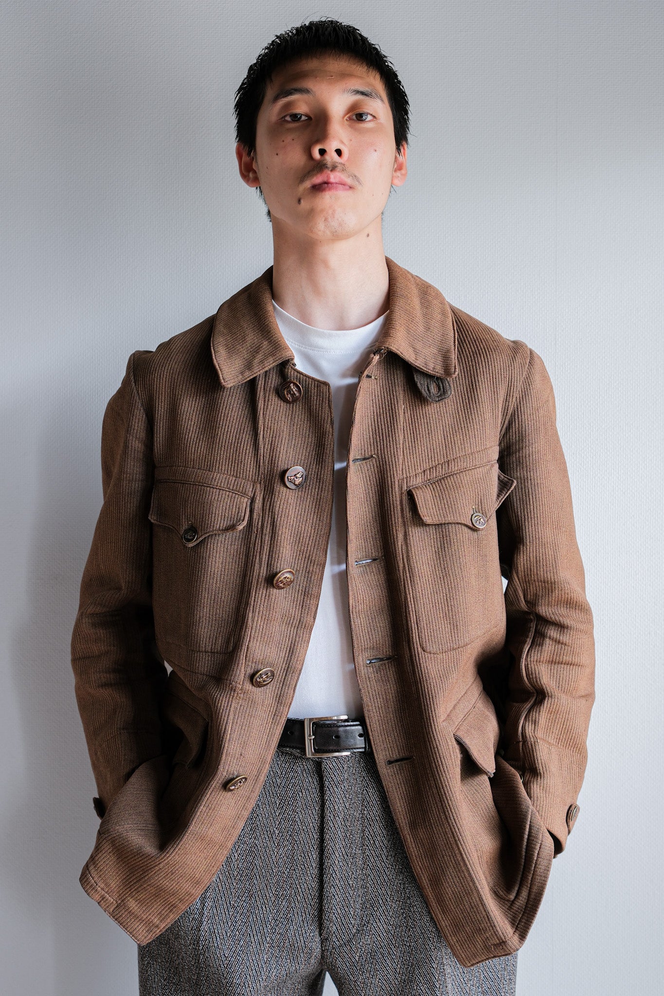 [~ 30's] French Vintage Brown Cotton Pique Hunting Jacket with Chin Strap