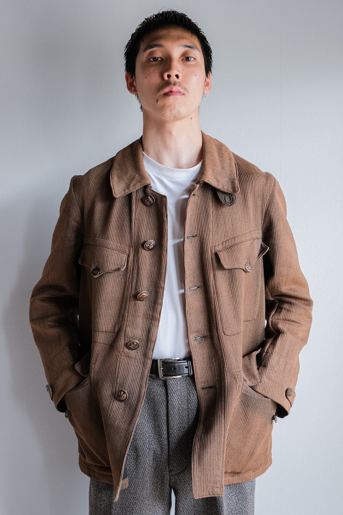 ［~30's］French Vintage Brown Cotton Pique Hunting Jacket With Chin Strap