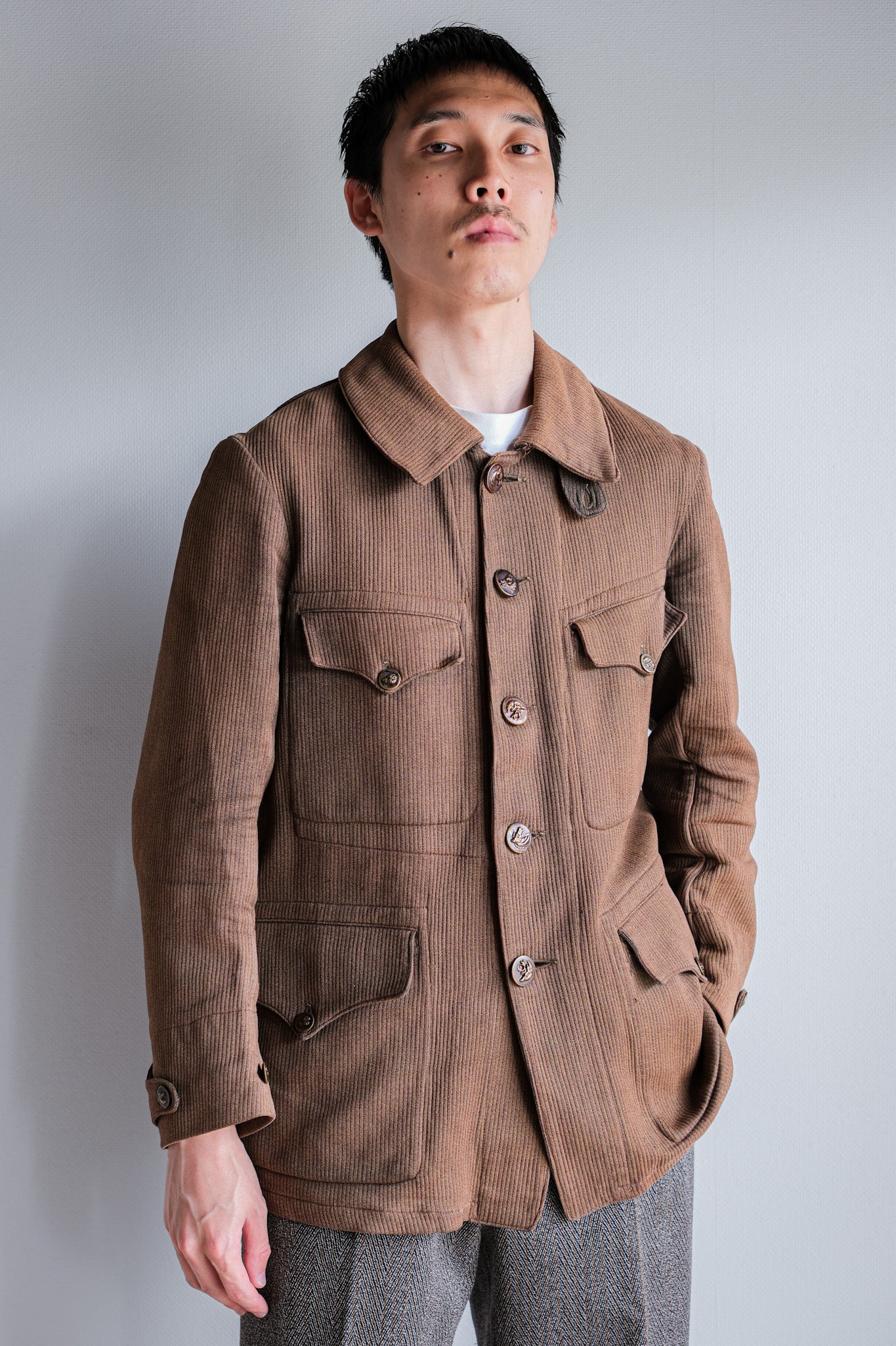 [~ 30's] French Vintage Brown Cotton Pique Hunting Jacket with Chin Strap